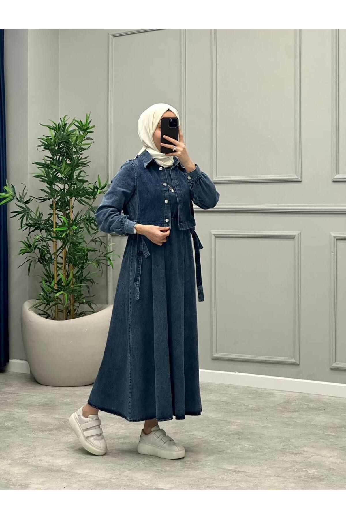 OlaLady-Γυναικείο τζιν φόρεμα Hijab με γιλέκο με δέσιμο στο πλάι 3