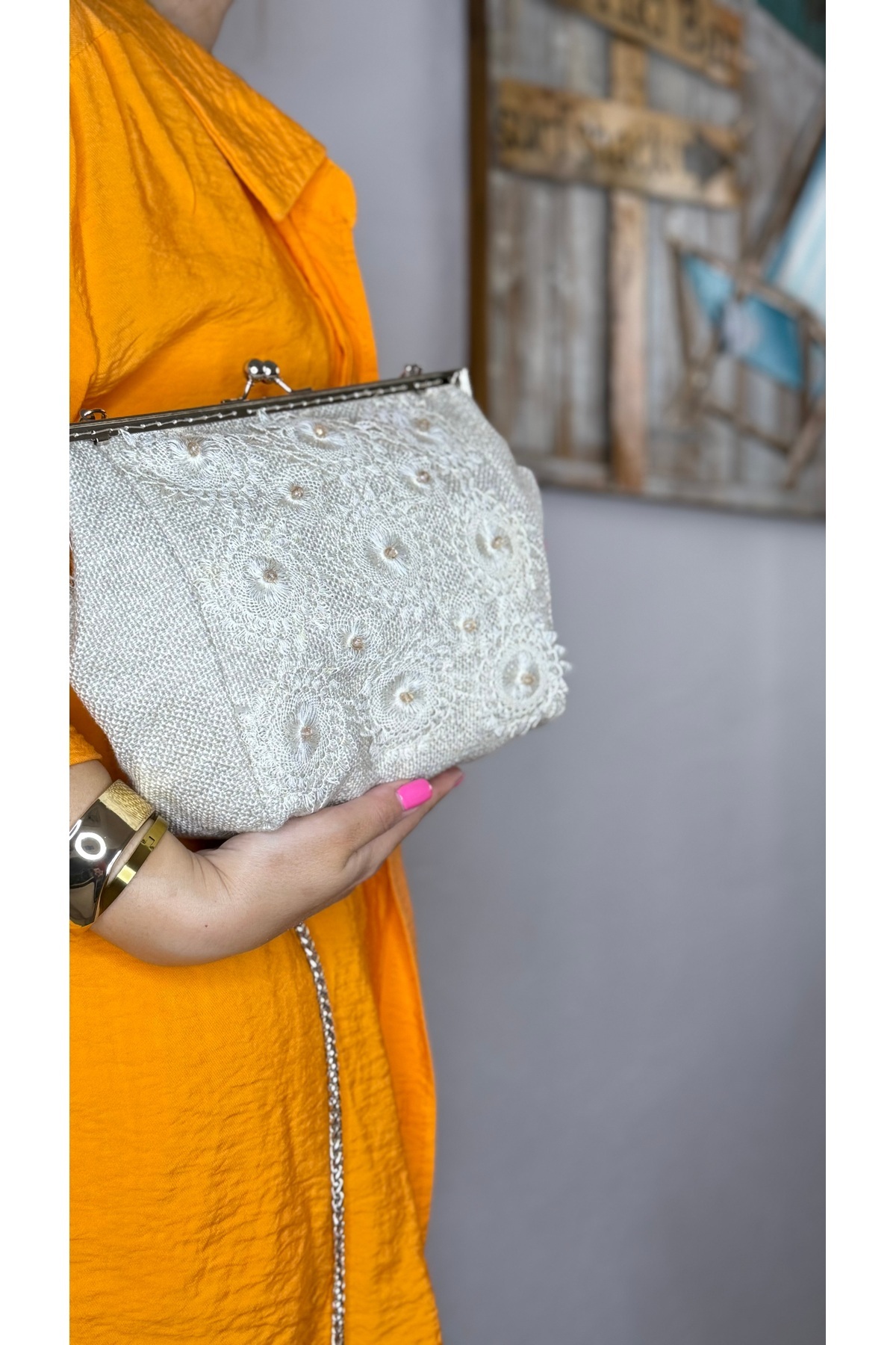 Tuvita Collection Bodrum-Linen Fabric and Needlepoint Embroidered Handmade Crystal Bead Detailed Beige Ecru Women's Messenger Bag 3