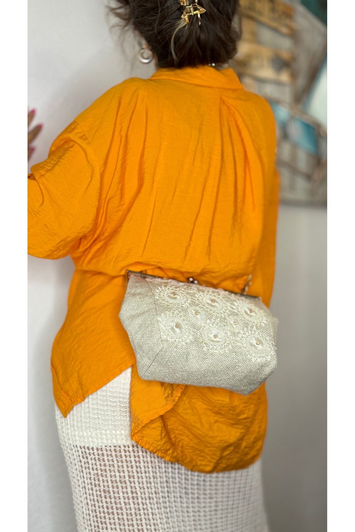 Tuvita Collection Bodrum-Linen Fabric and Needlepoint Embroidered Handmade Crystal Bead Detailed Beige Ecru Women's Messenger Bag 7