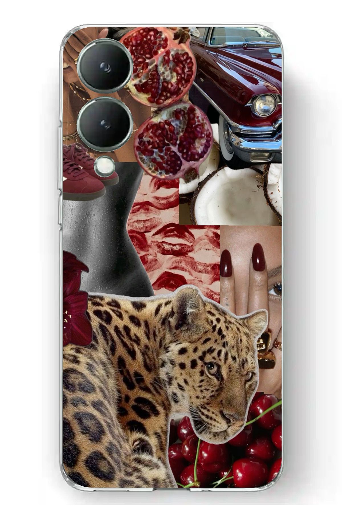 TechTree Vivo Y17S Uyumlu Leopar Kırmızı Vibes Şeffaf Silikon Kılıf