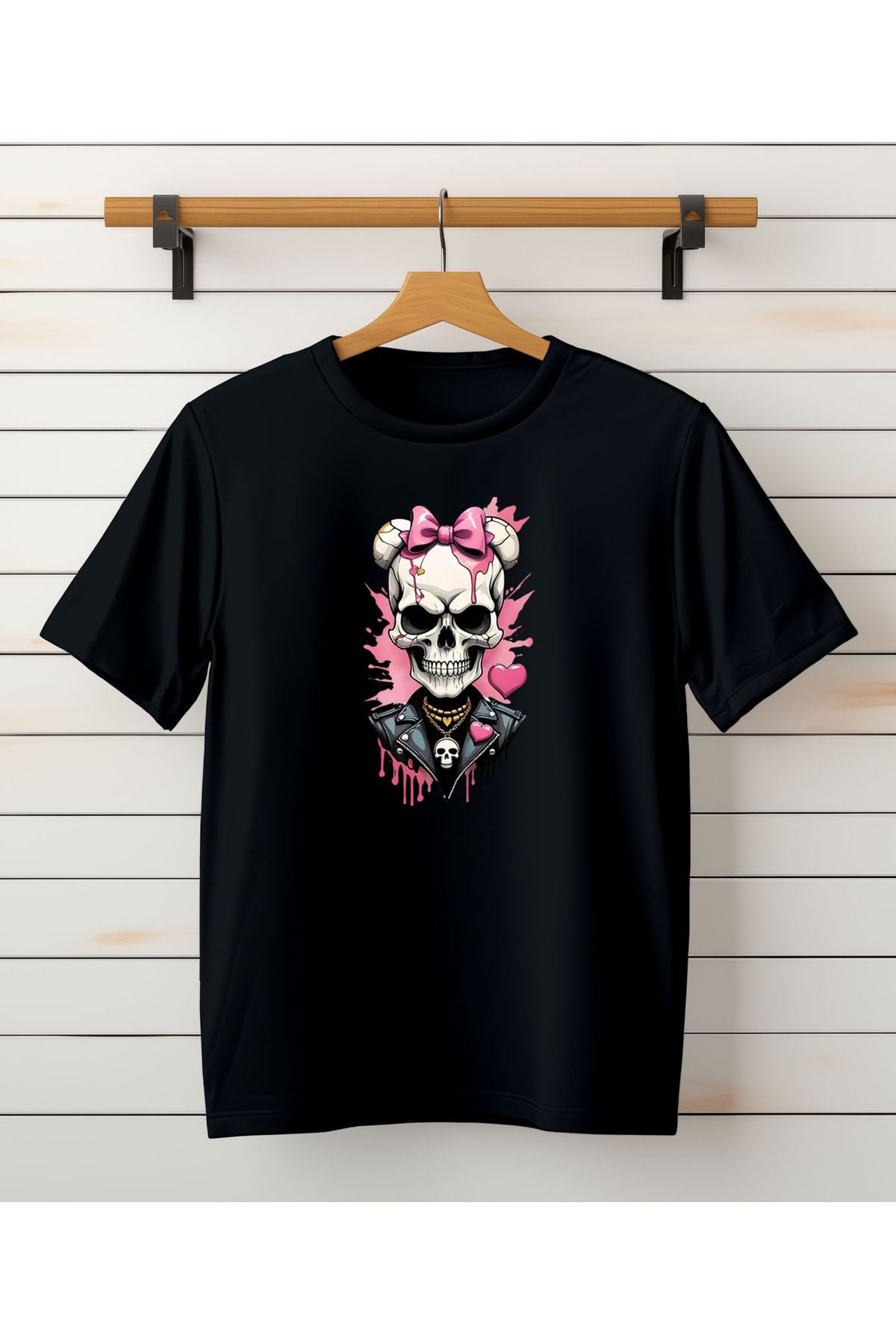ASELİNDA Kuru Kafa Baskılı Bisiklet Yaka Pamuklu T-shirt