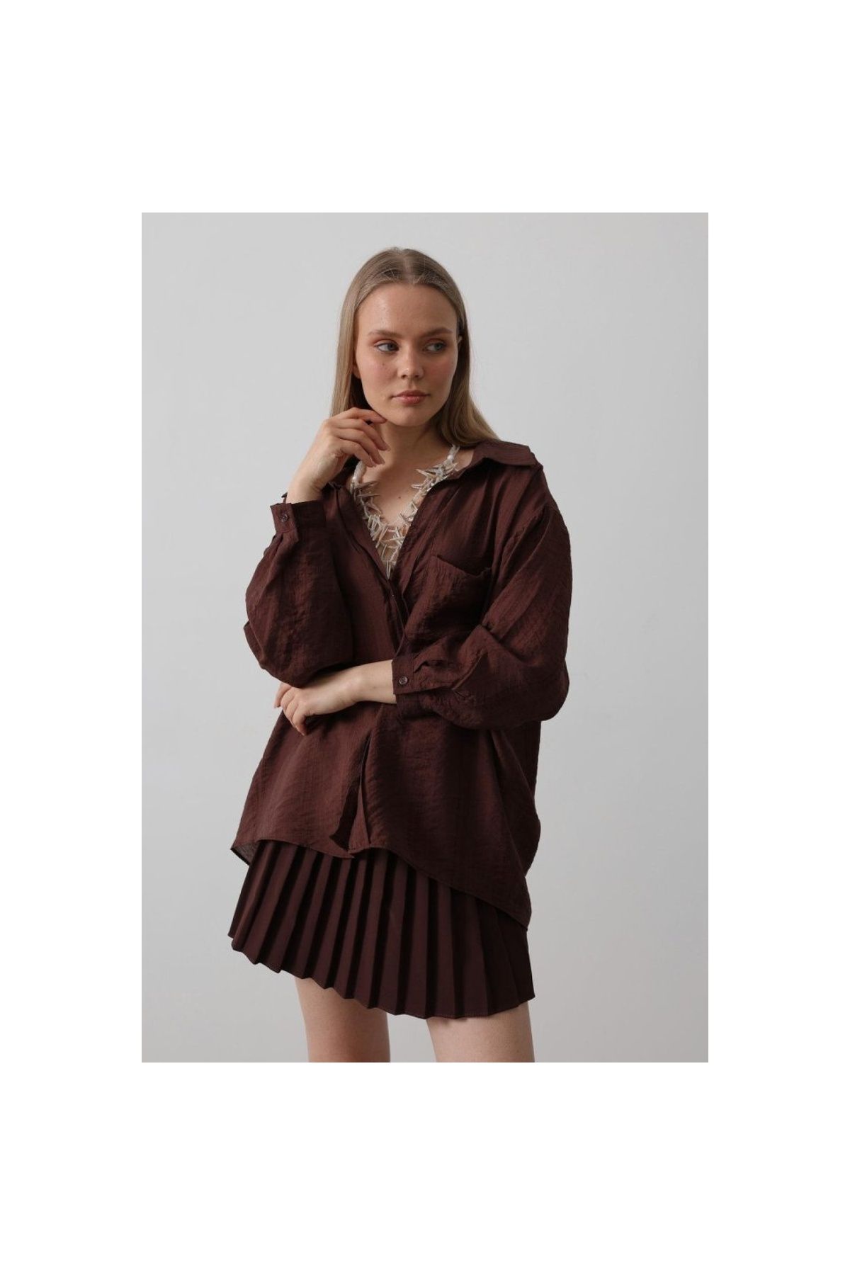 LUCKY LİFE Lucky Life Kadın Cepli Oversize Gömlek - Kahve