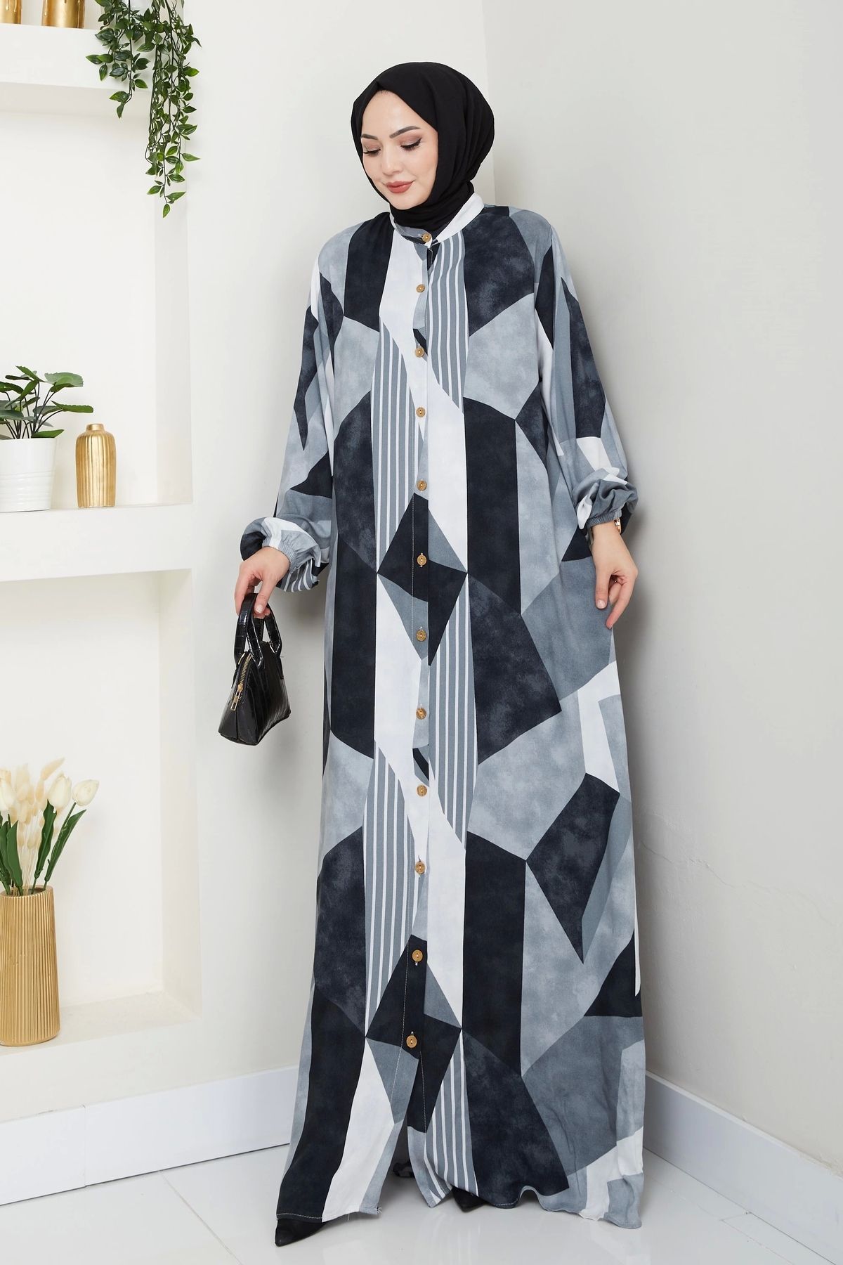 Moda MSK Viskon Boydan Düğmeli Elbise gri siyah
