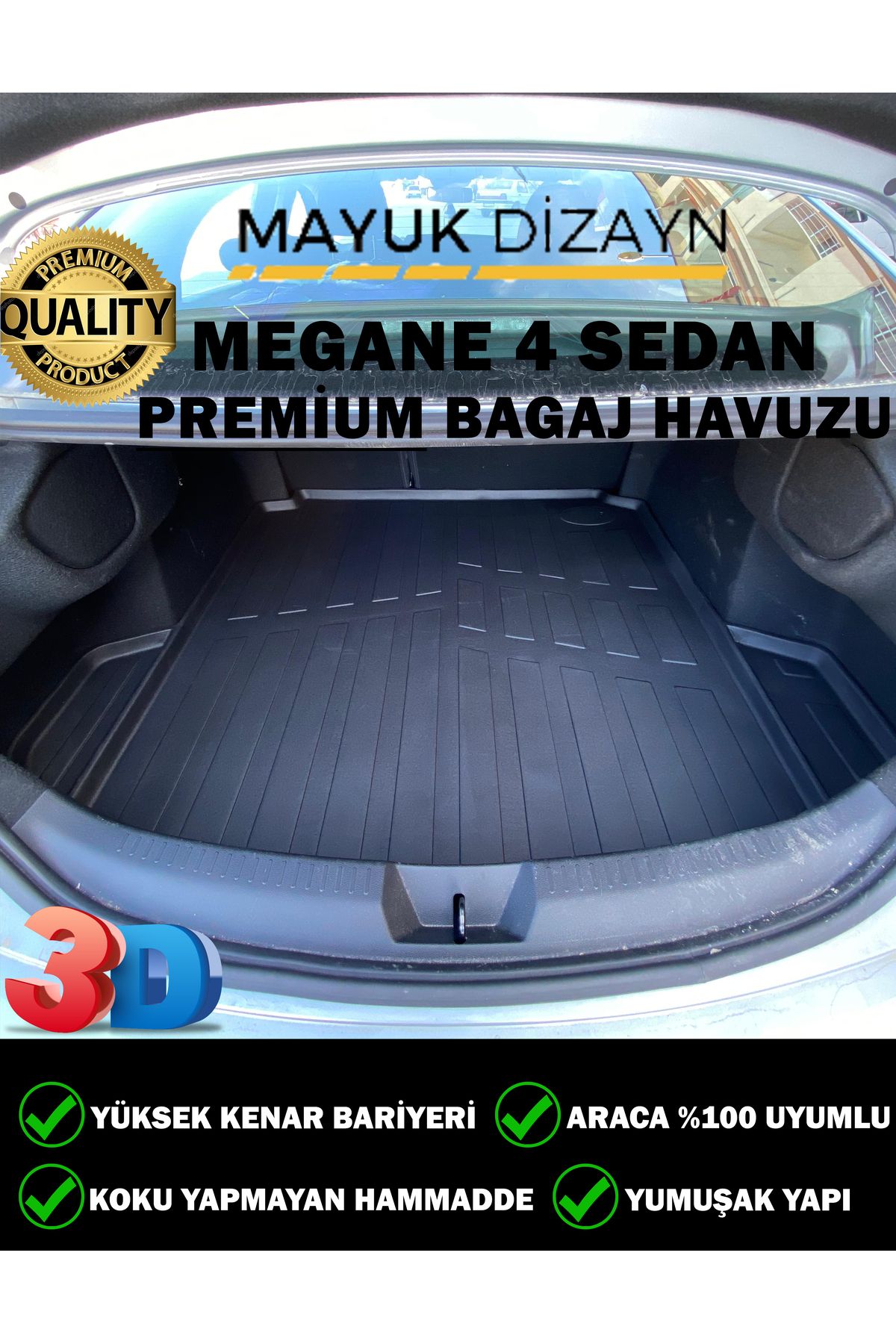 Mayuk Dizayn Renault Megane 4 Sedan 2016 ve üzeri Model Araca Özel 3D Bagaj Havuzu