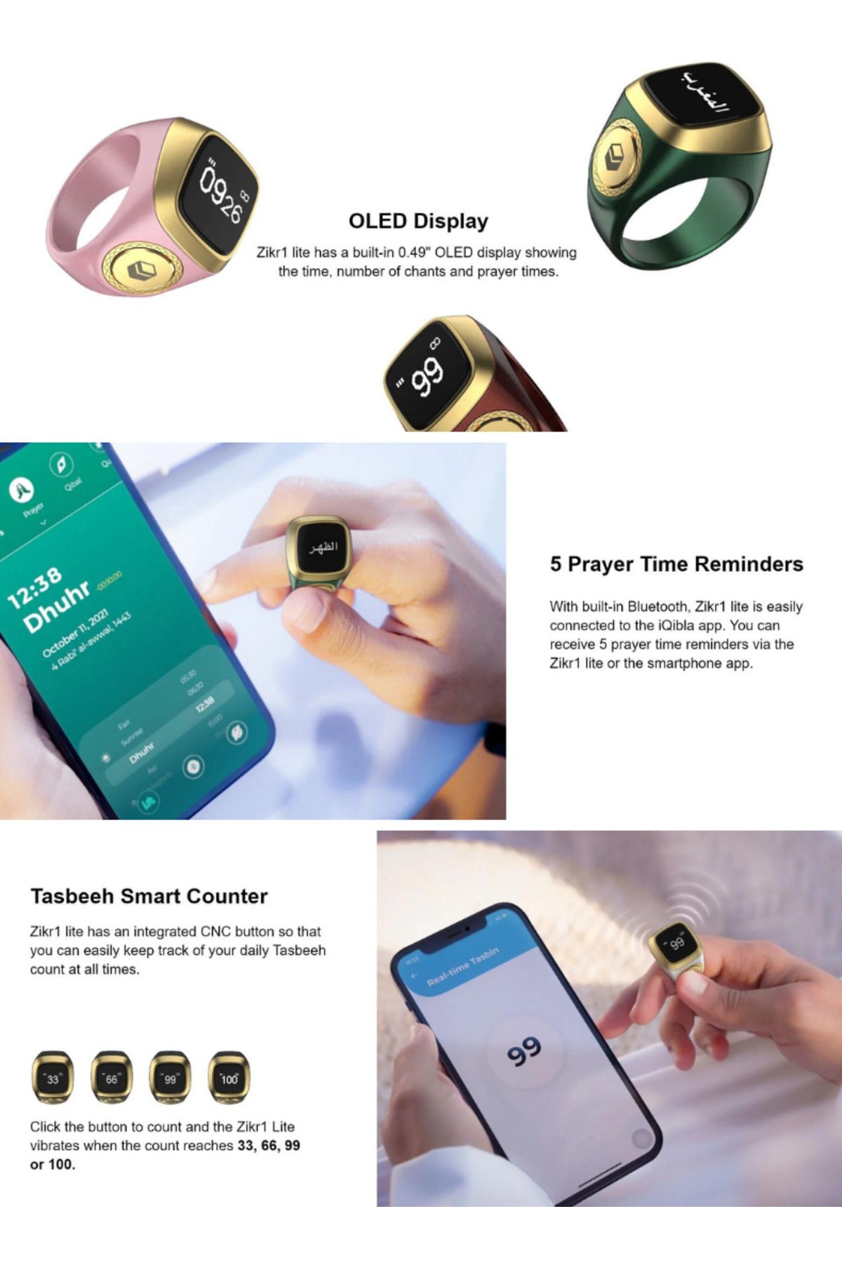 iqibla-Smart Zikr Ring | 22mm Prayer Counter, Muslim Prayer Time Reminder & Waterproof Tasbih Counter 4