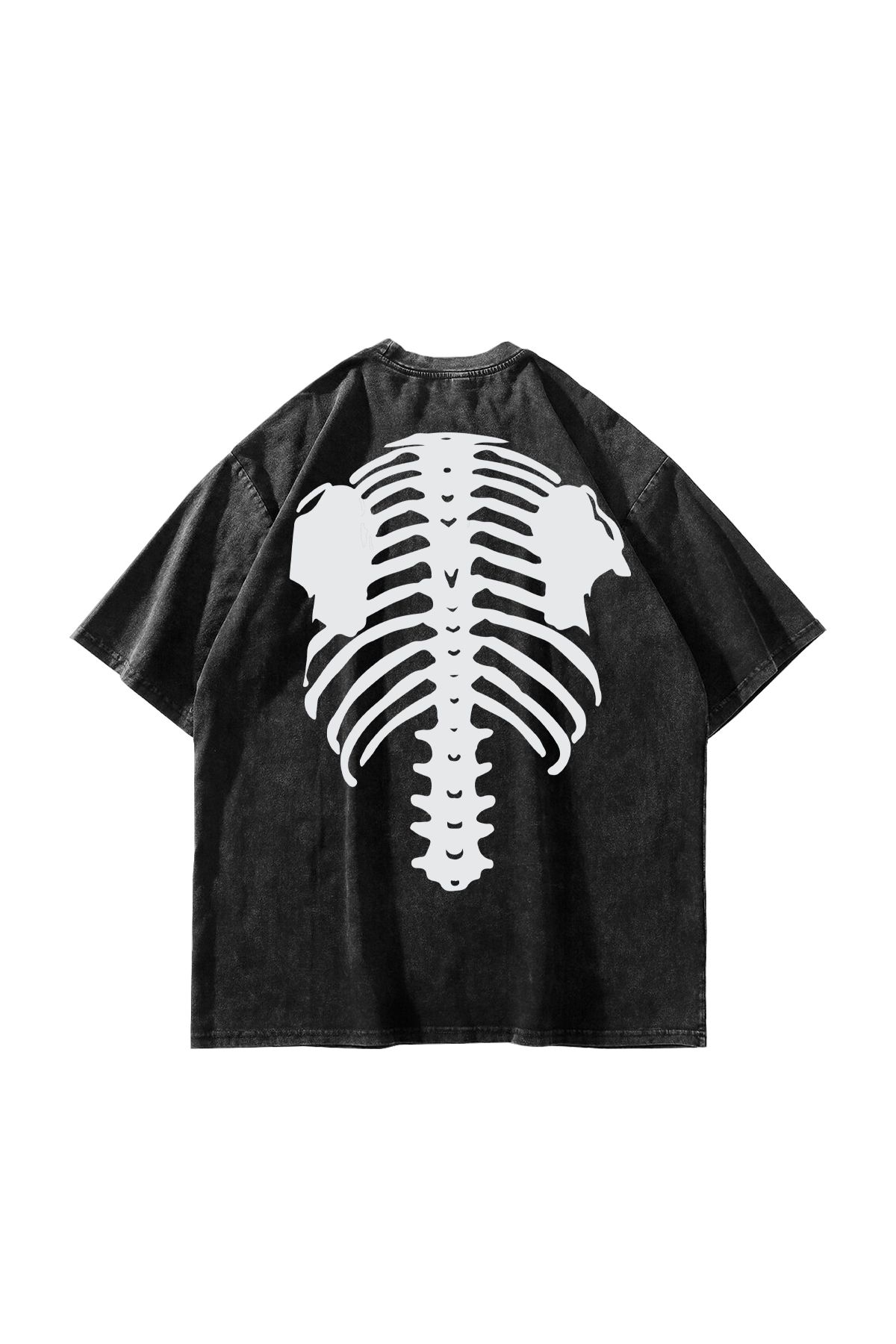 Sekizbiraltı White Ribcage Baskılı Oversize Unisex Yıkamalı Siyah Tshirt