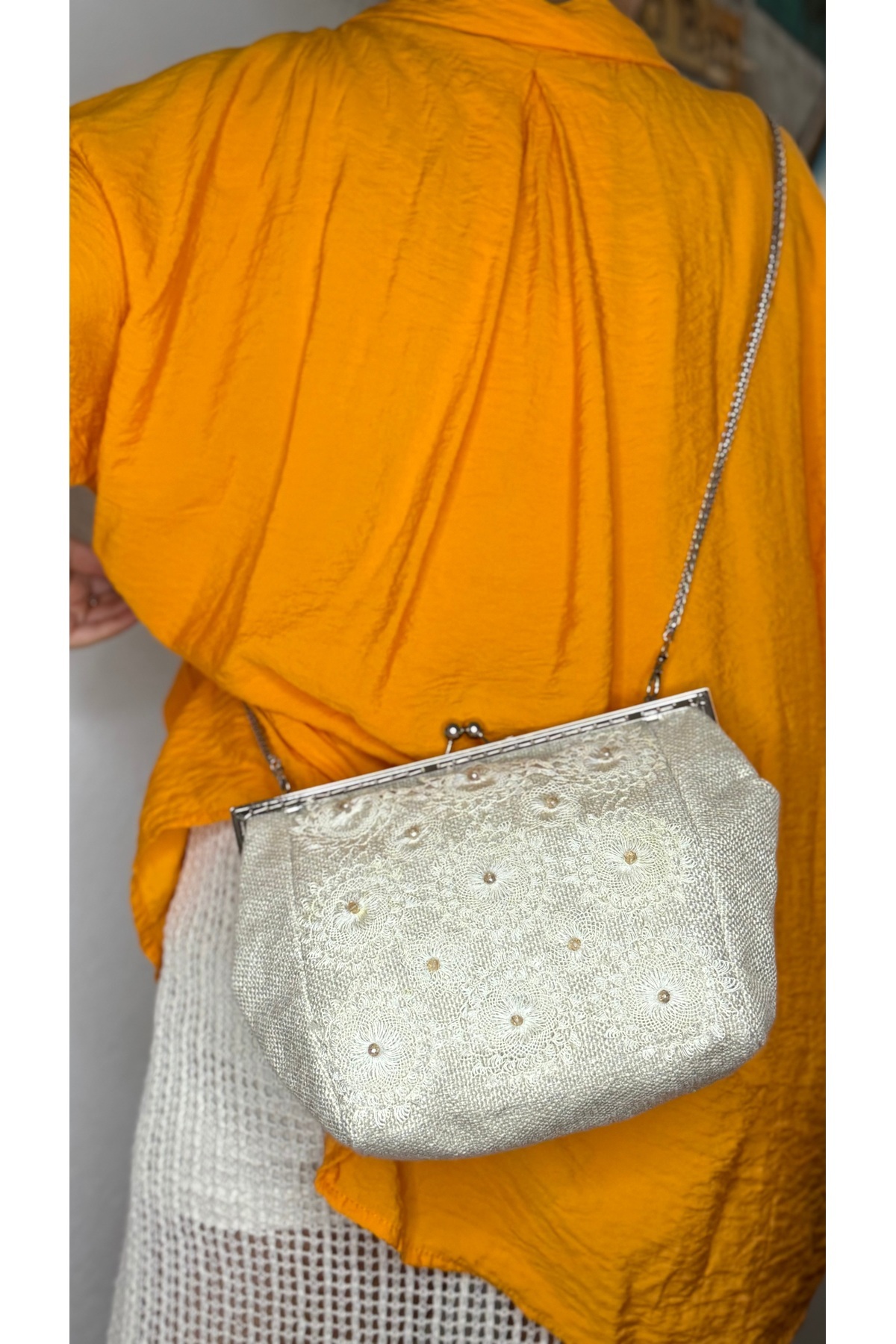 Tuvita Collection Bodrum-Linen Fabric and Needlepoint Embroidered Handmade Crystal Bead Detailed Beige Ecru Women's Messenger Bag 5