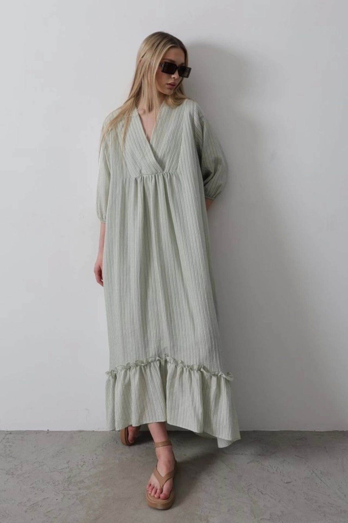 nedo7 Çizgili Oversize V Yaka Elbise - Haki