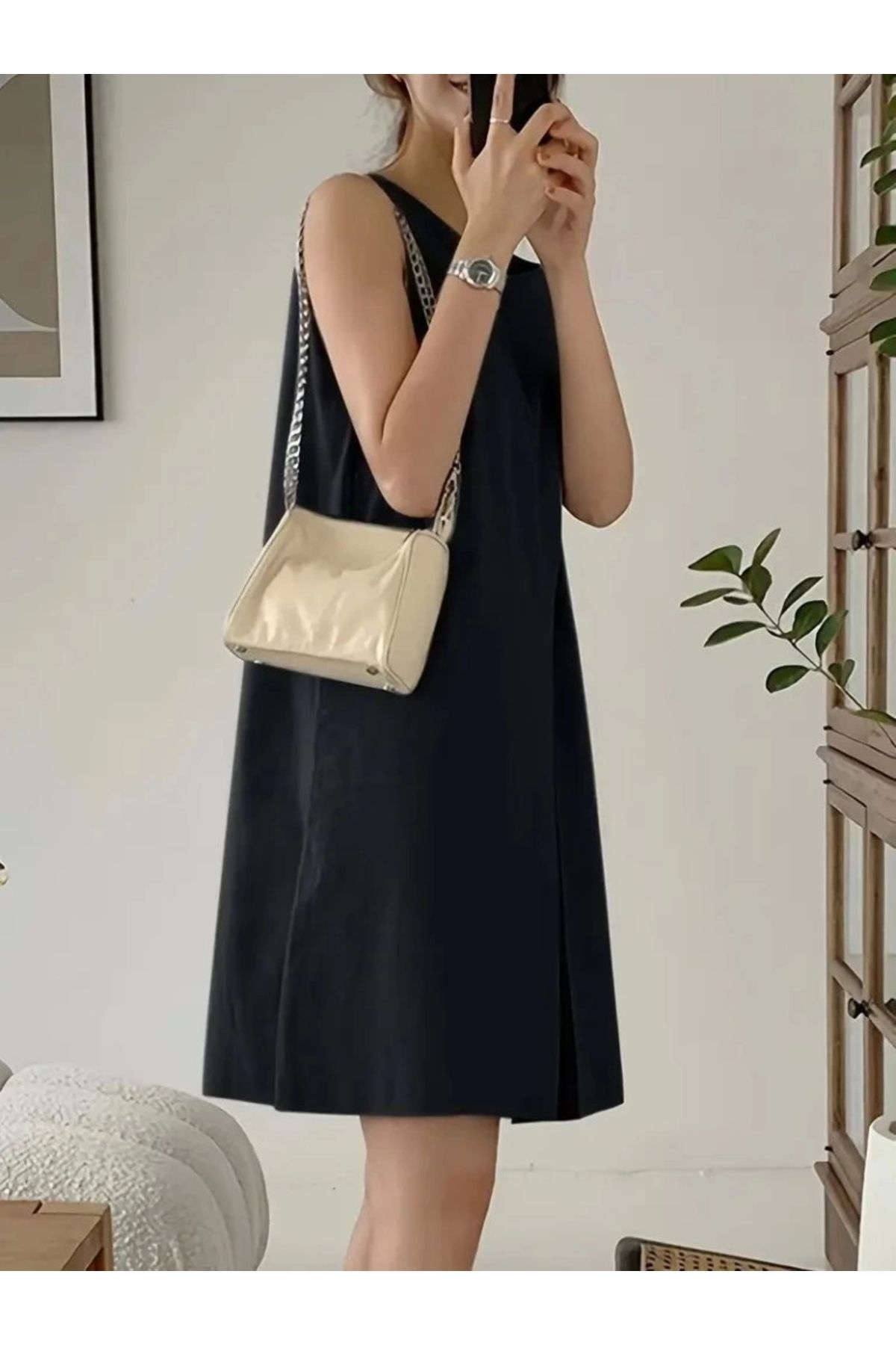 Butik Kadın Askılı Sıfır Kol A Kesim Detaylı Ithal Krep Elbise