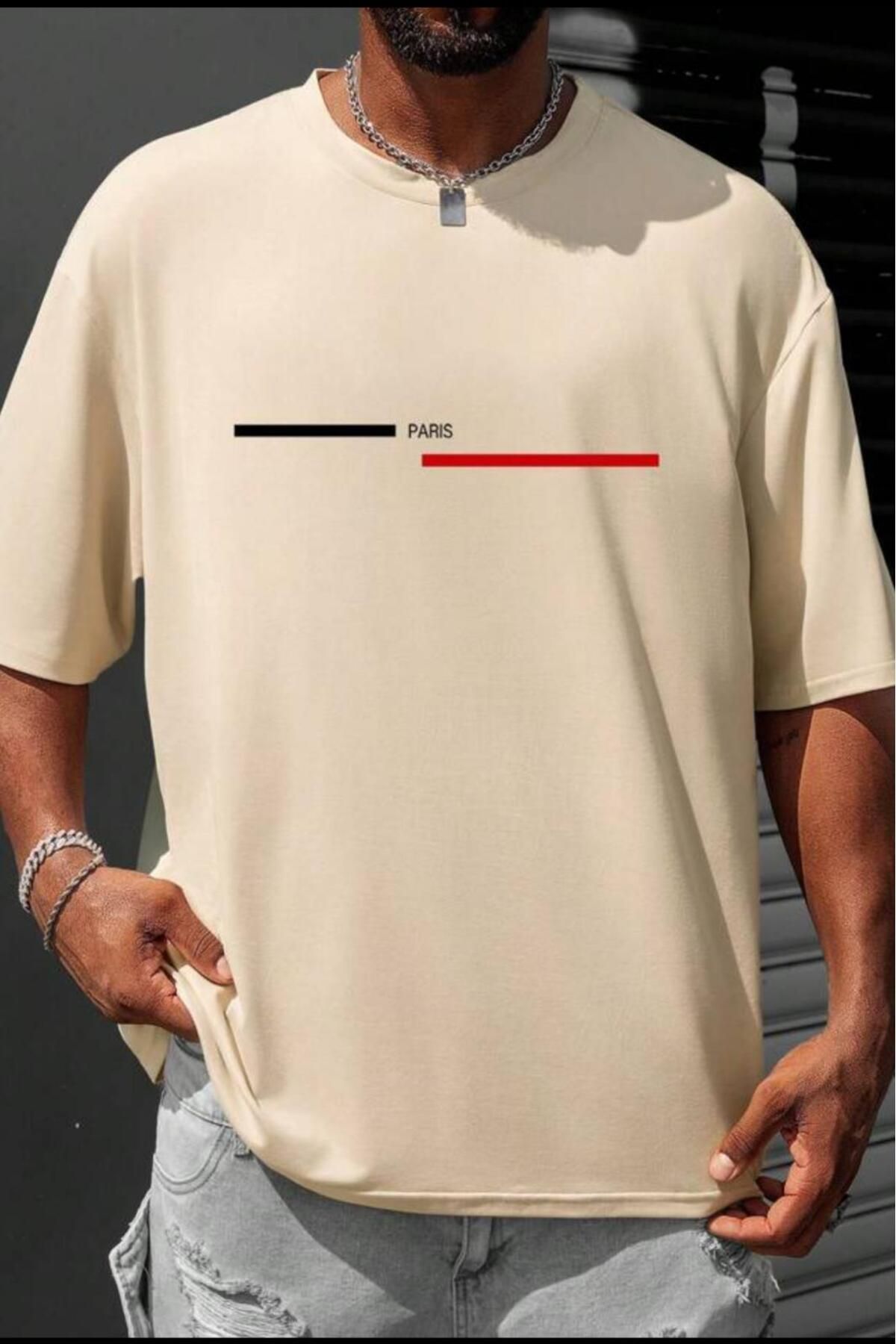 NO 601 Erkek Bej Çizgili Paris Baskılı Oversize Tshirt