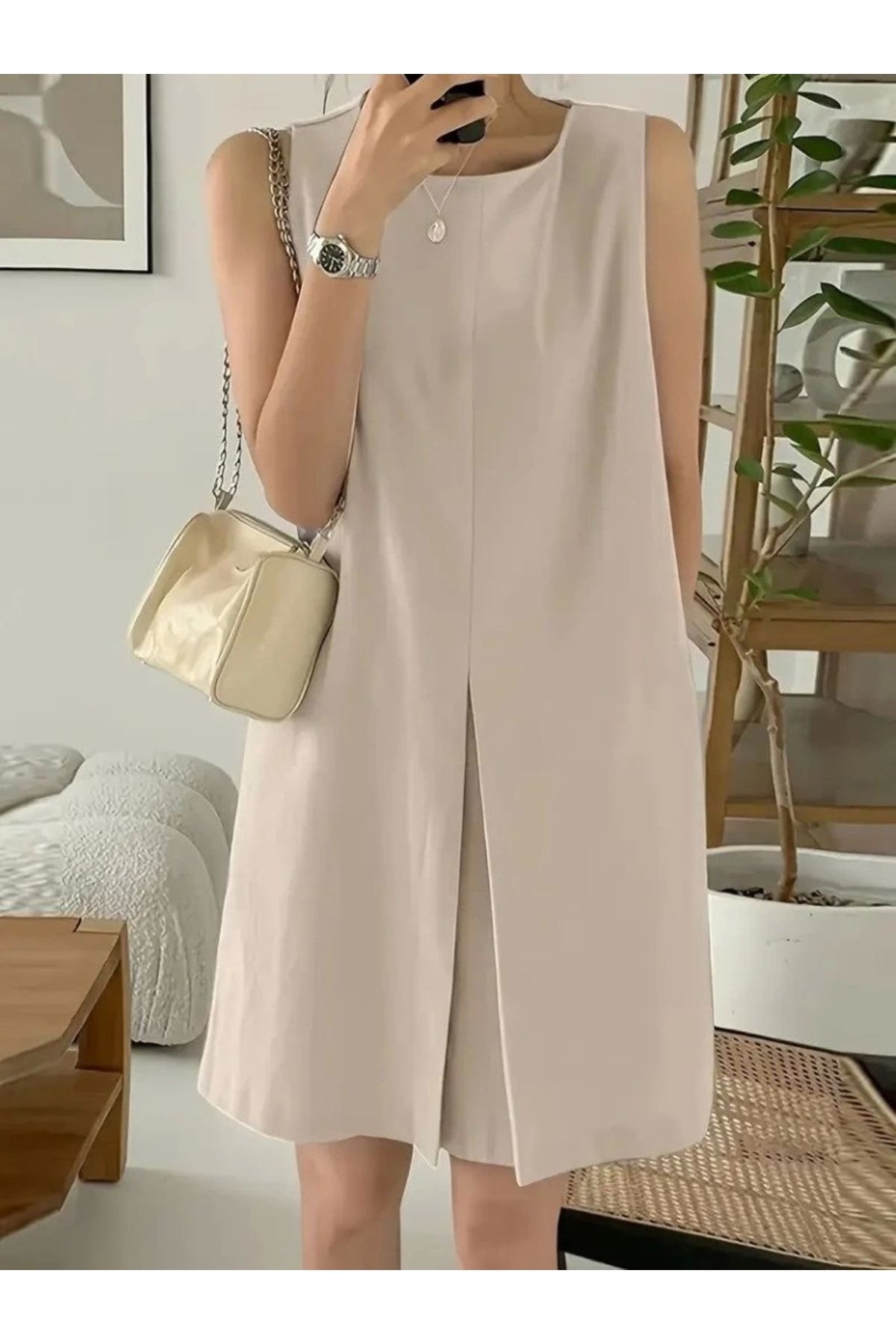Butik Kadın Askılı Sıfır Kol A Kesim Detaylı Ithal Krep Elbise