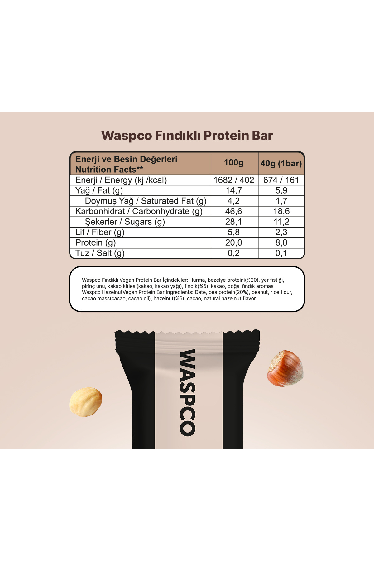 Waspco-Vegan Protein Bar with Hazelnut and Date 40g X 1 Piece 4