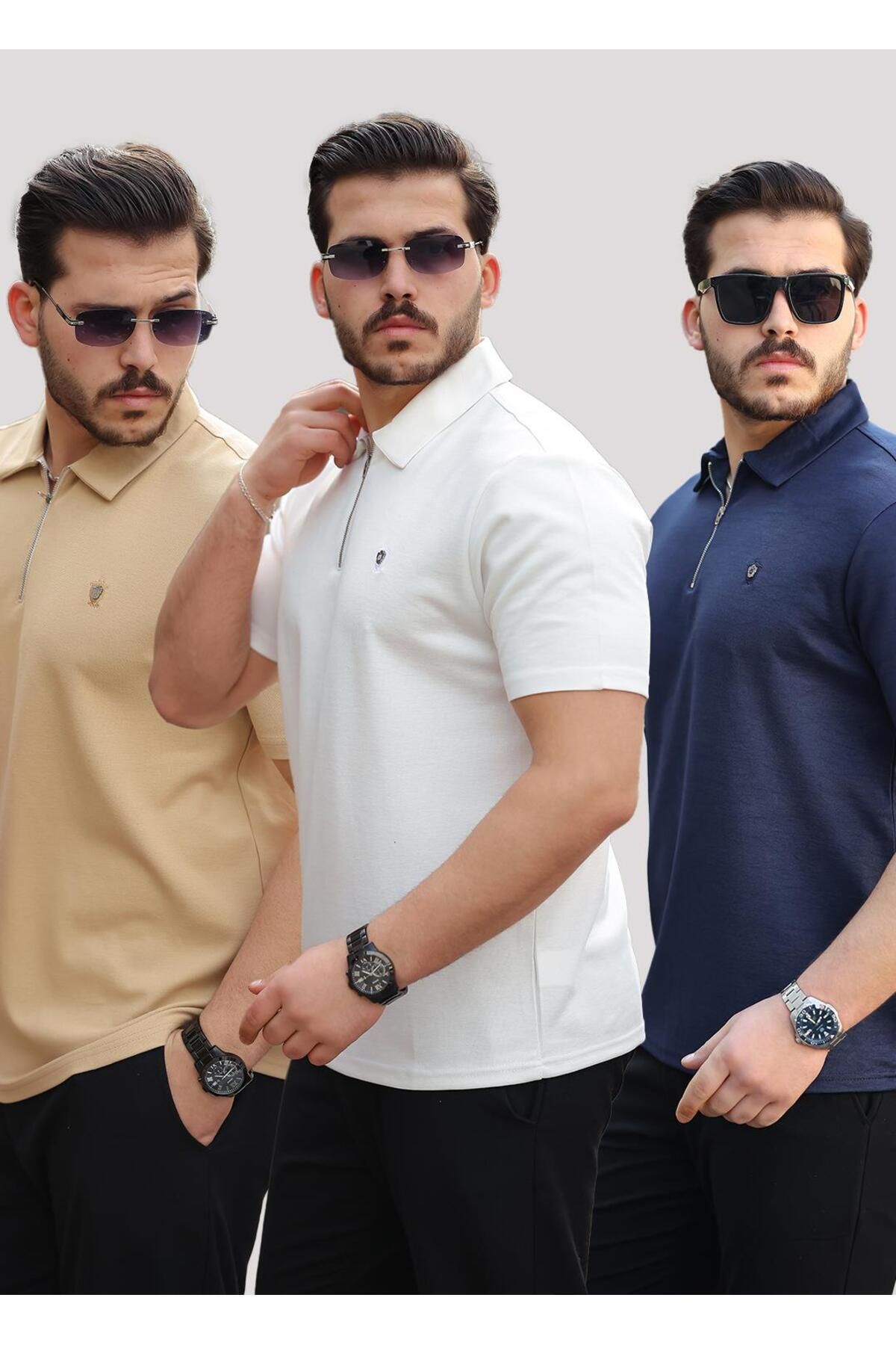 Miron Bej Beyaz Lacivert Basic Fermuar Detaylı Üçlü Paket Polo Yaka Kısa Kollu Tişört 2516