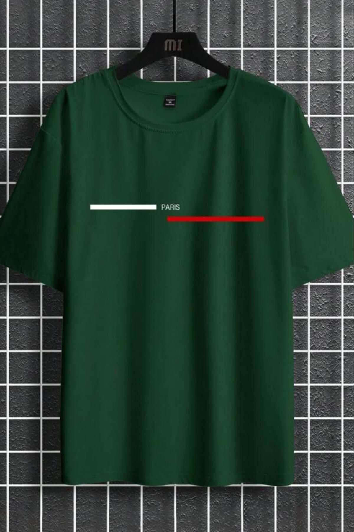 NO 601 ErkekKoyu Yeşil Çizgili Paris Baskılı Oversize Tshirt