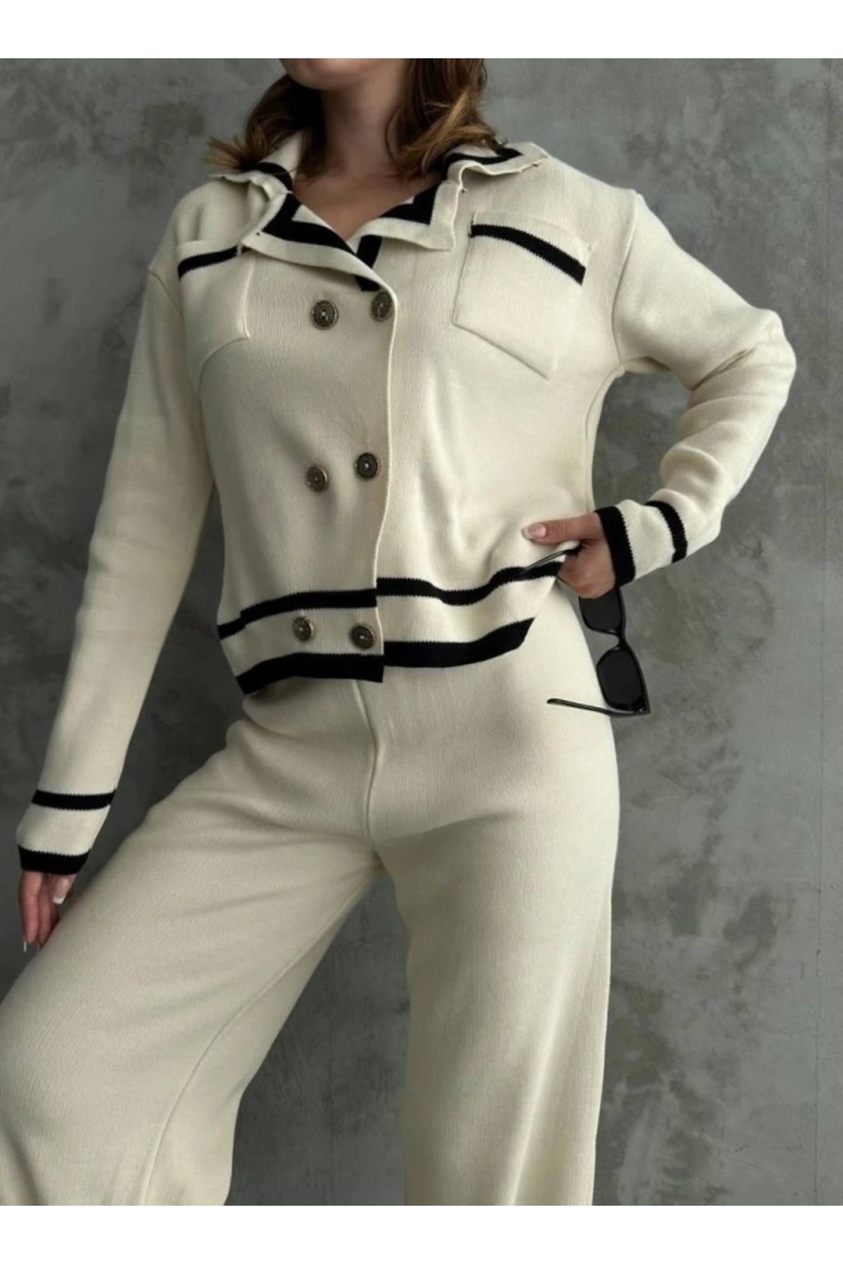 Butik-Stripe Detailed Cardigan Trousers Double Set 3