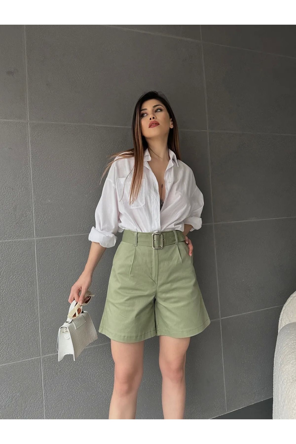 TakıDolabı Kuş Gözü Kemerli Geniş Paçalı Mom Şort