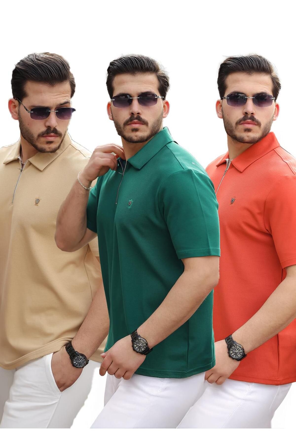 Miron Bej Nefti Kiremit Basic Fermuar Detaylı Üçlü Paket Polo Yaka Kısa Kollu Tişört 2516