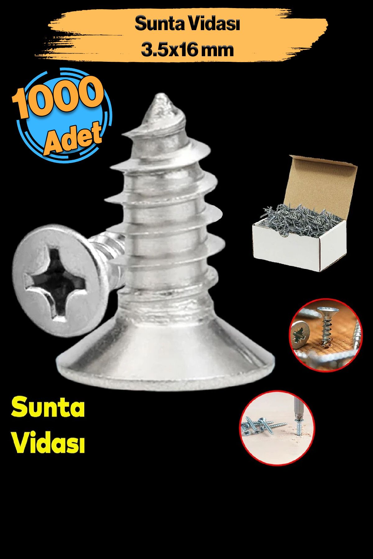Badem10 Sunta Vidası ( 3.5x16 Mm ) Paket 1000 Adet Sivri Uçlu Ahşap Tahta Ağaç Mobilya Ayak Kulp Vidası