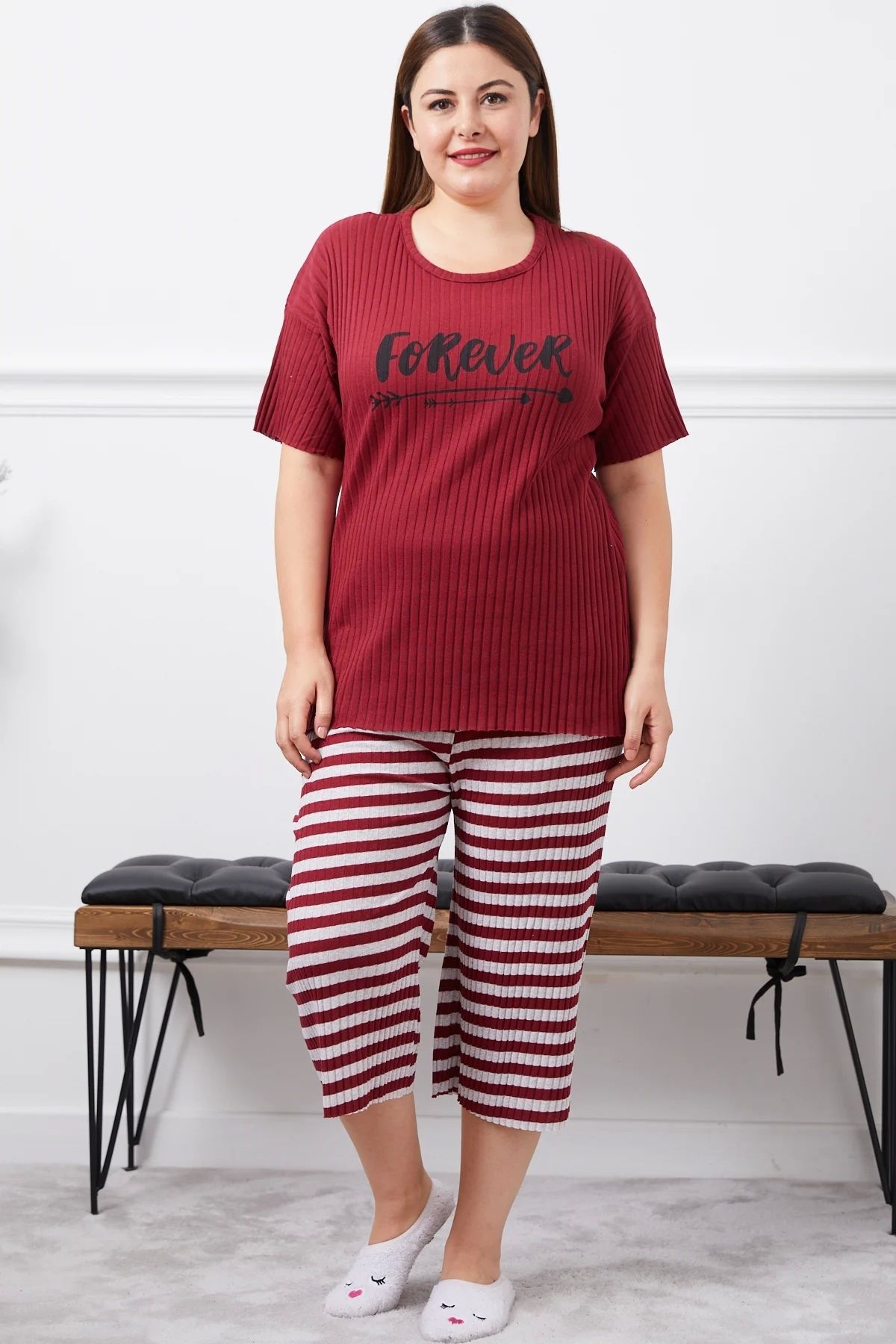TakıDolabı Büyük Beden Kapri Pijama Takımı BORDO