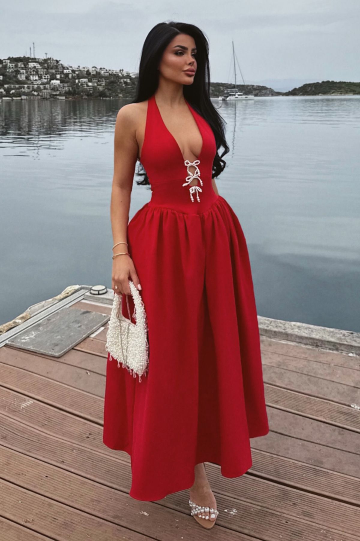 Eyyo Kırmızı Ballerina İncili Fiyonk Detay Elbise ATE-2556