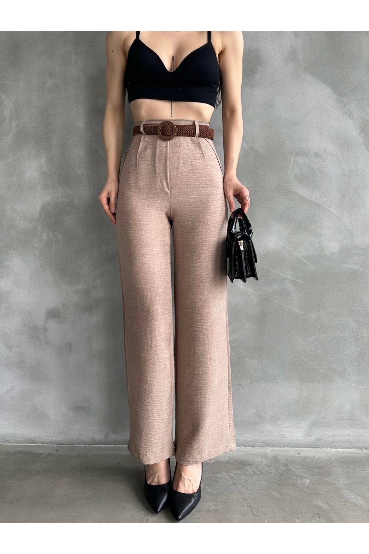 TakıDolabı Beli Kemerli Keten Pantolon