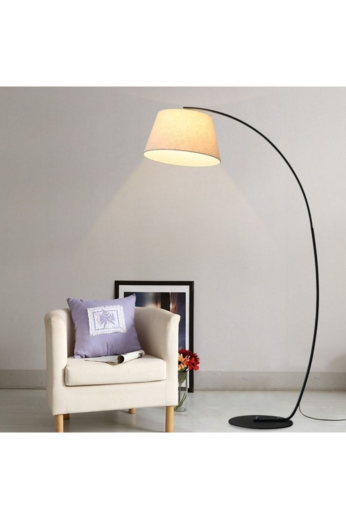 teknotrust Retro2 Rustik Hareketli Krem Kumaş Başlık Siyah Metal Lambader Köşe Lambası Şapka Çapı:45cm