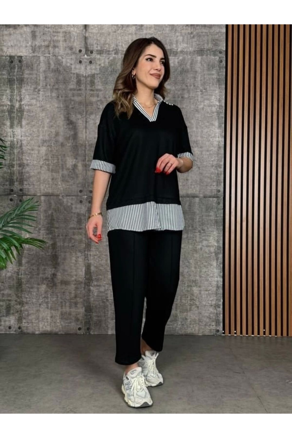 Butik Kadın Modal Kumaş çizgili Gömlek Yaka Ikili Takım
