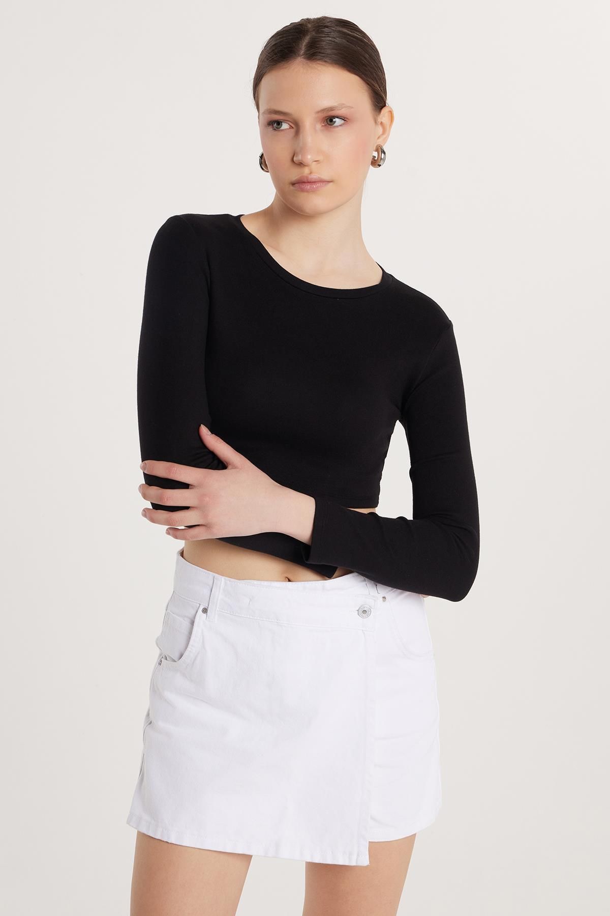 Tudors Kadın Slim Fit Modal Kumaş Pamuklu Bisiklet Yaka Siyah Bluz