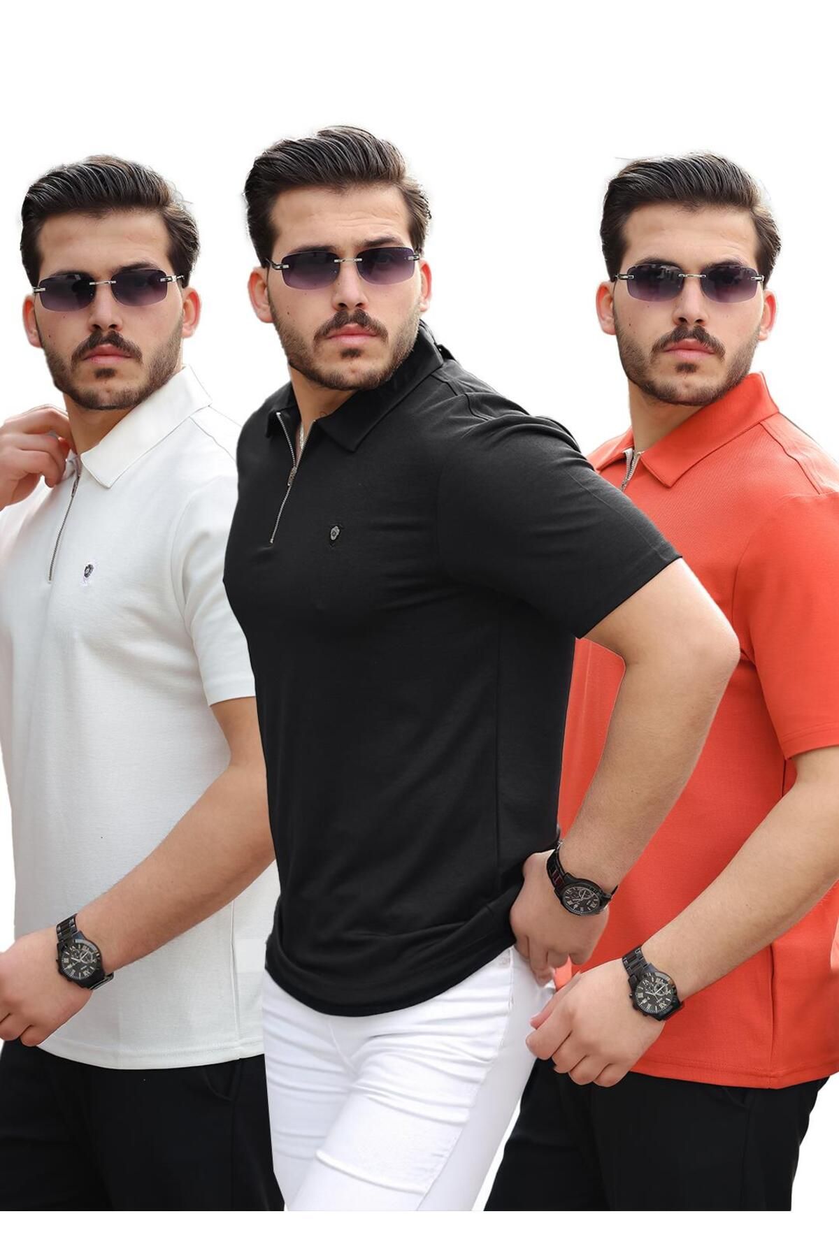 Miron Beyaz Siyah Kiremit Basic Fermuar Detaylı Üçlü Paket Polo Yaka Kısa Kollu Tişört 2516