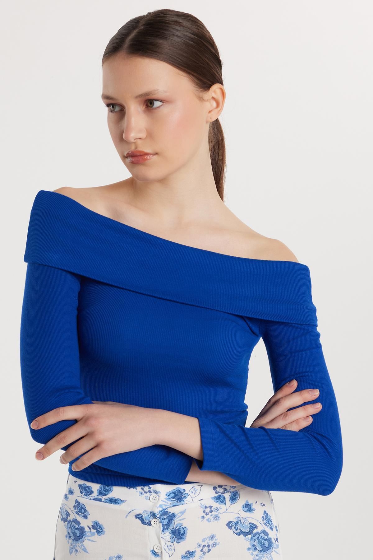Tudors Kadın Slim Fit Modal Kumaş Düz Pamuklu Straplez Mavi Bluz