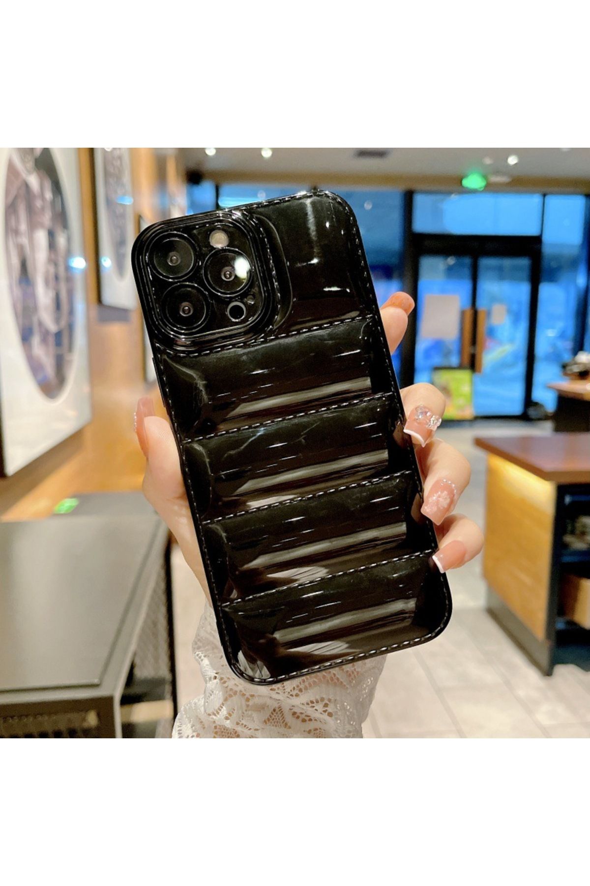madamcase İPHONE 13 PRO MAX SİYAH ÇİZGİLİ PUFF SİLİKON TELEFON KILIFI