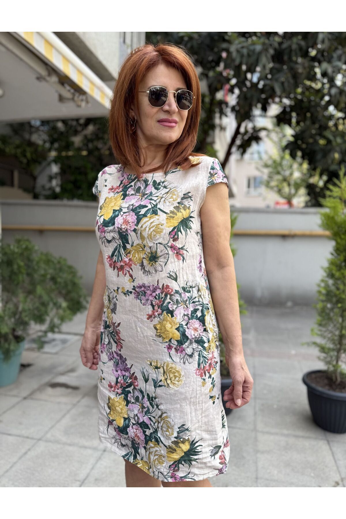 DenizEge Rosalinda İtalyan Keten Elbise Bej-XL