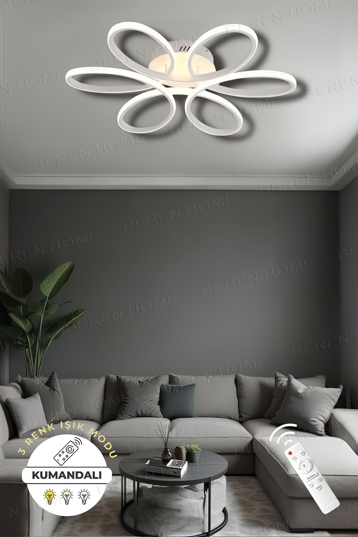 BEREN HOME Sayra White Kumandalı 3 Renk Modern Plafonyer Led Avize