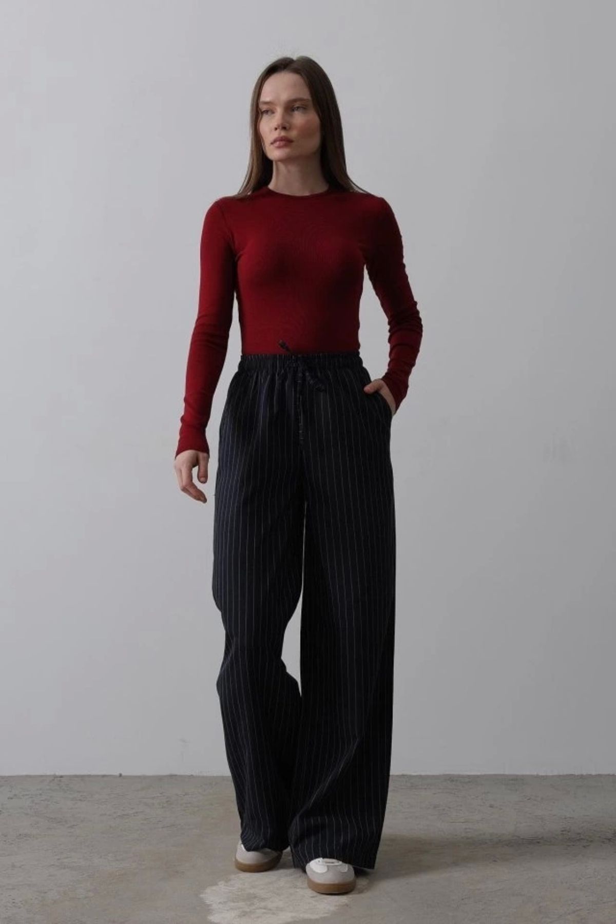 nedo7 Beli Lastikli Bol Paça Pantolon - Lacivert-Beyaz