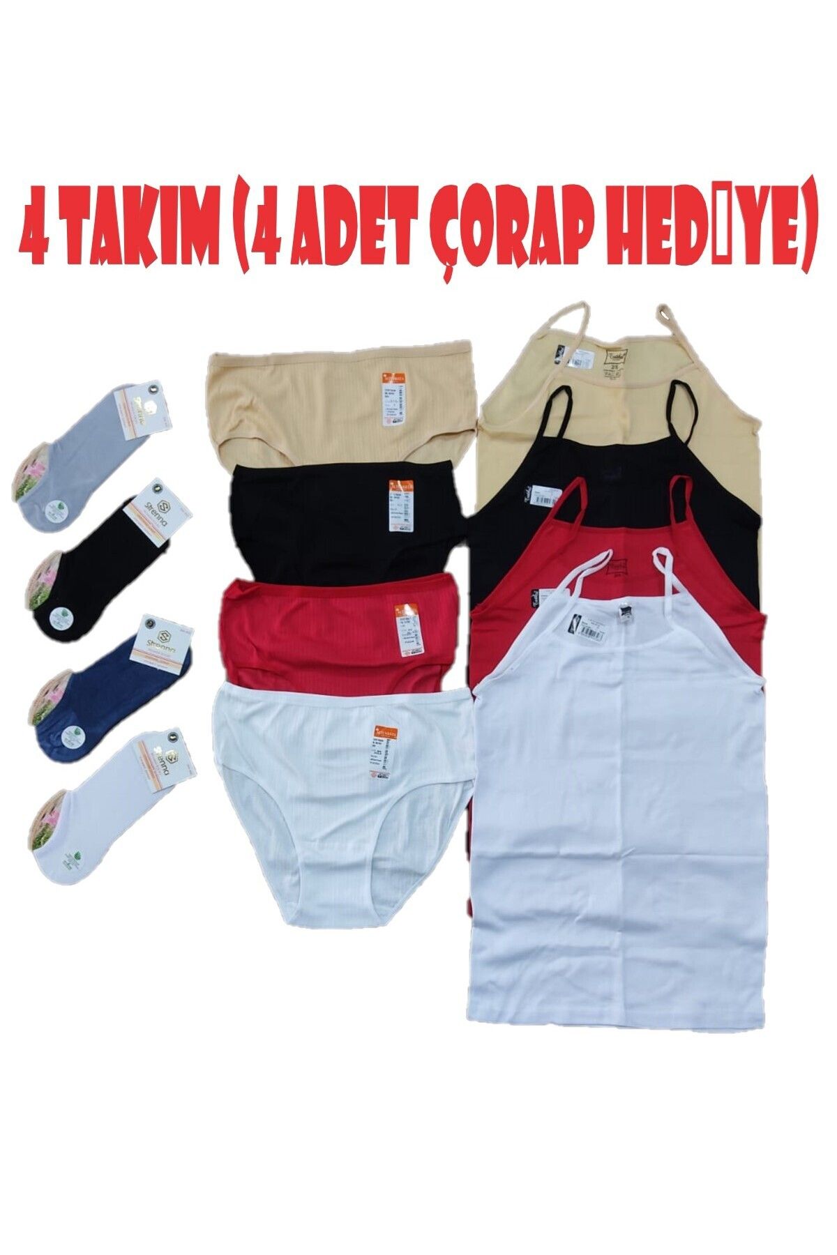 HOBY İÇ GİYİM Kadın İç Çamaşırı 4 Adet Atlet/4 Adet Külot (4 Adet Çorap Hediye)