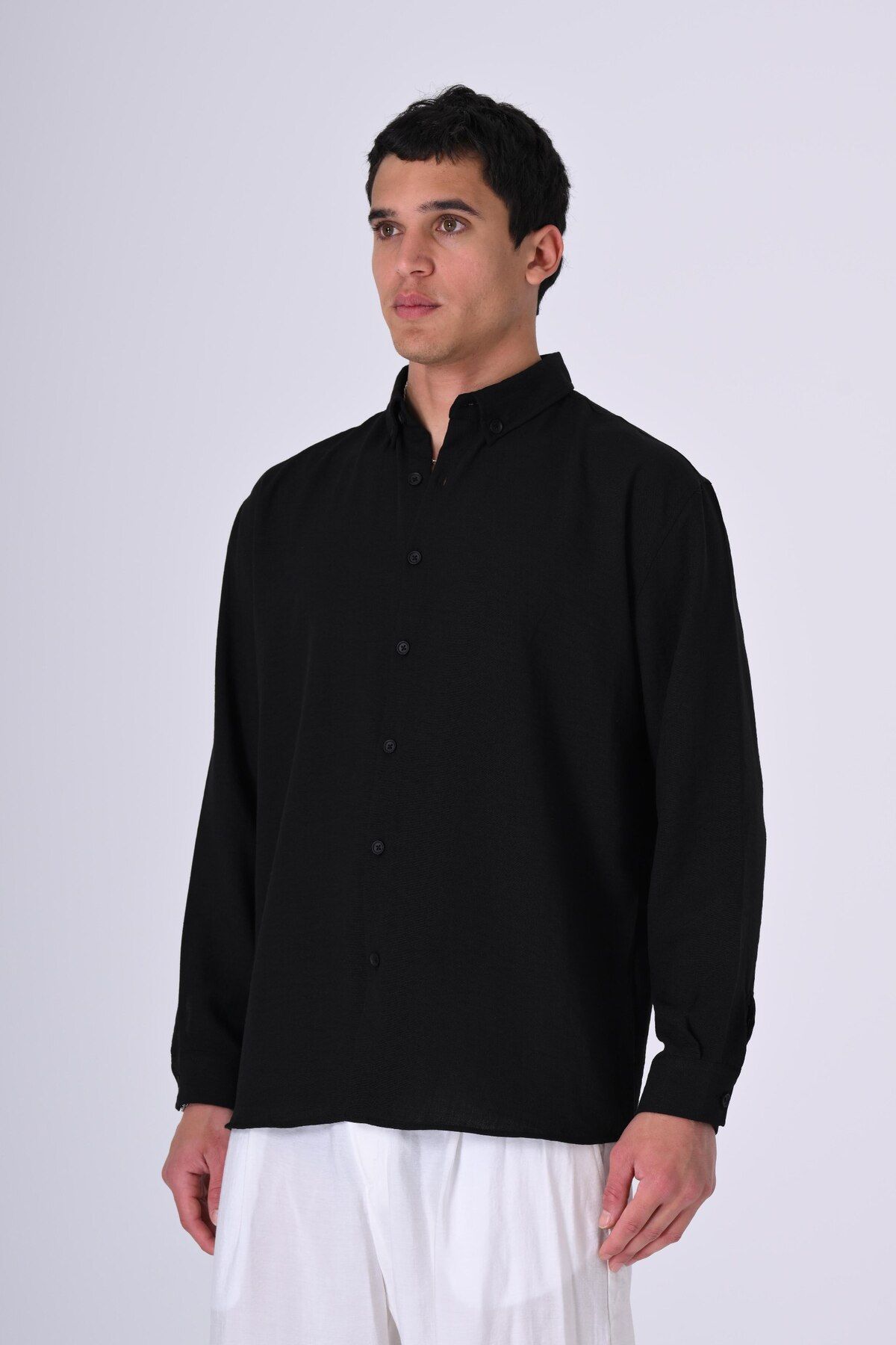 AllWearStyle Ayaklı Yaka Uzun Kol Oversize Keten Gömlek