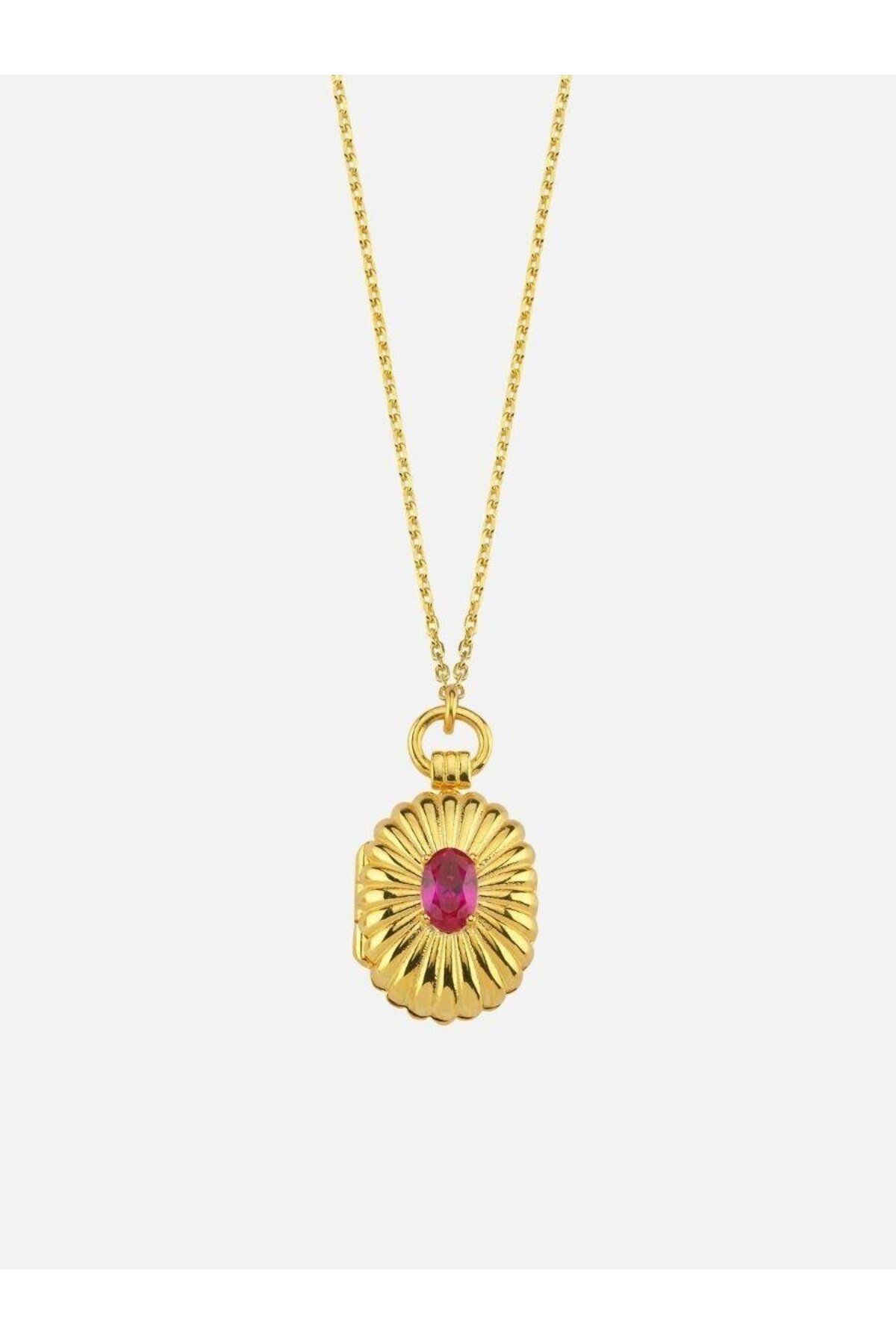 LİNYA JEWELLERY Mini Bordo Taşlı Kapaklı Madalyon Kolye Gold