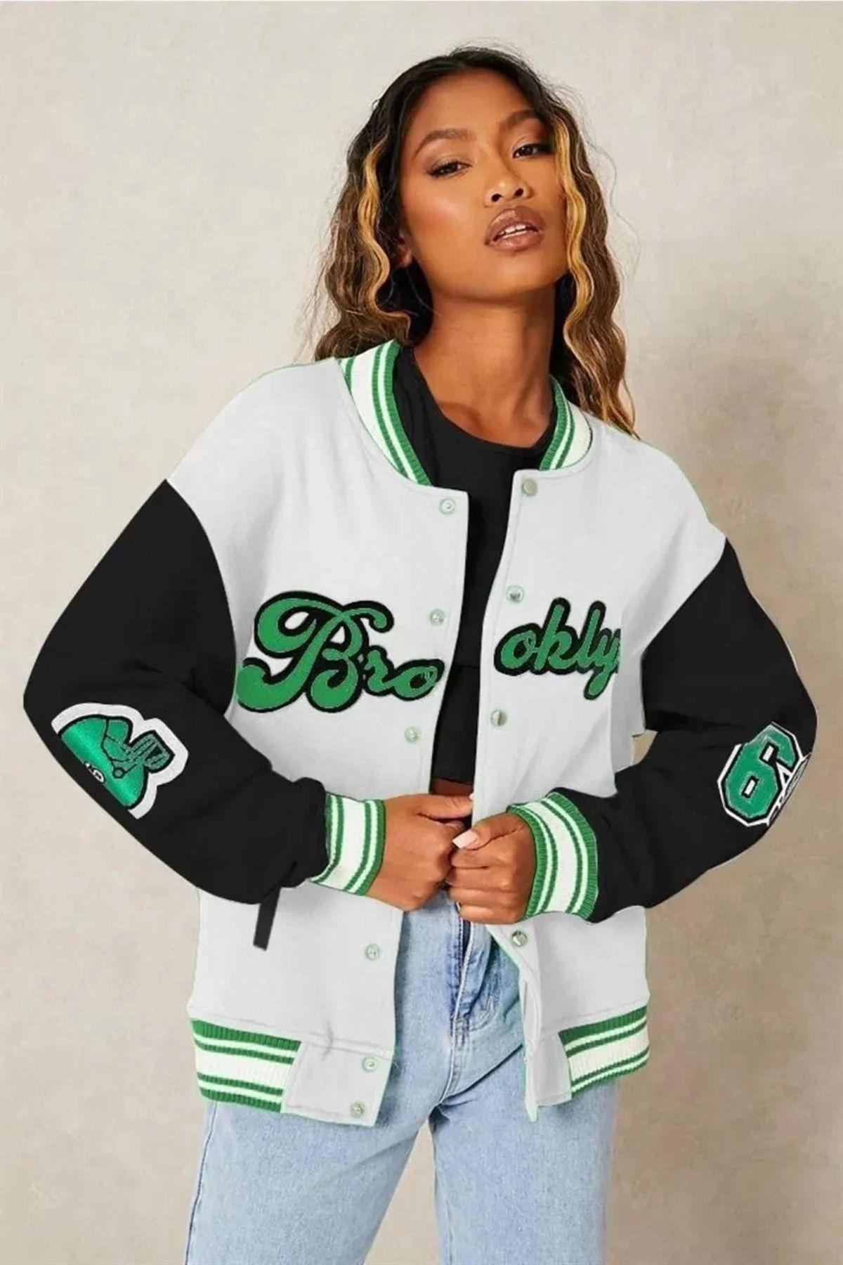 MODA Kadın Nakışlı Oversize Kolej Ceket - Beyaz