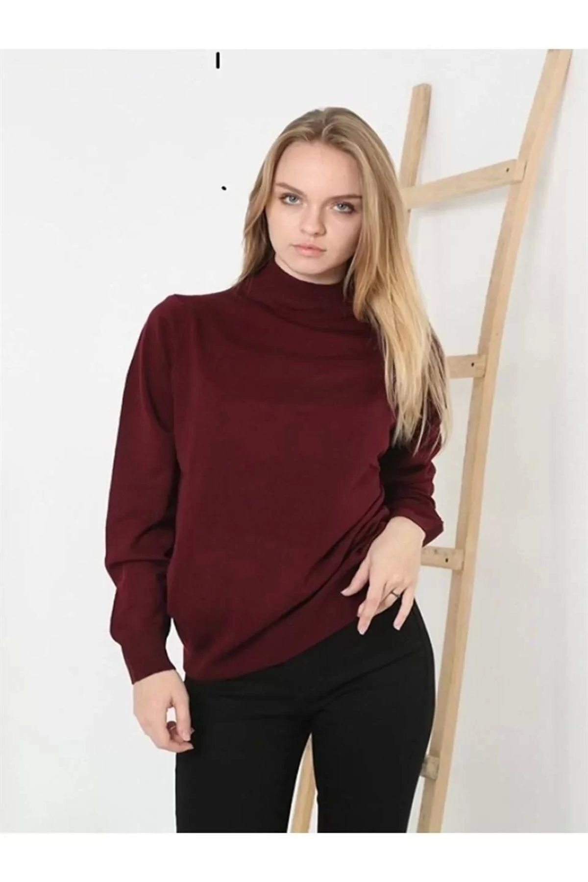 MODA Kadın Yarım Balıkçı Yaka Triko Kazak - Bordo