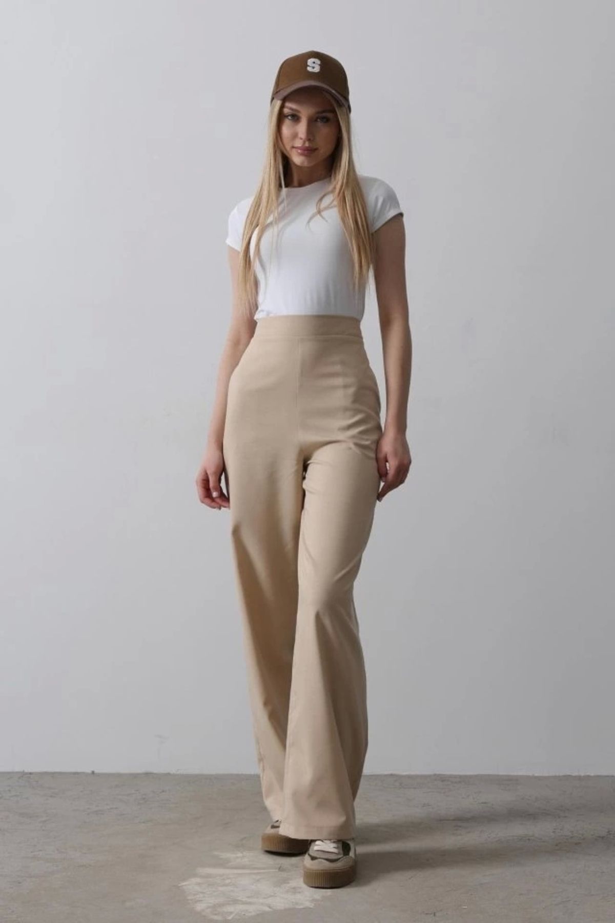 nedo7 Beli Yarım Lastikli Palazzo Pantolon - Camel