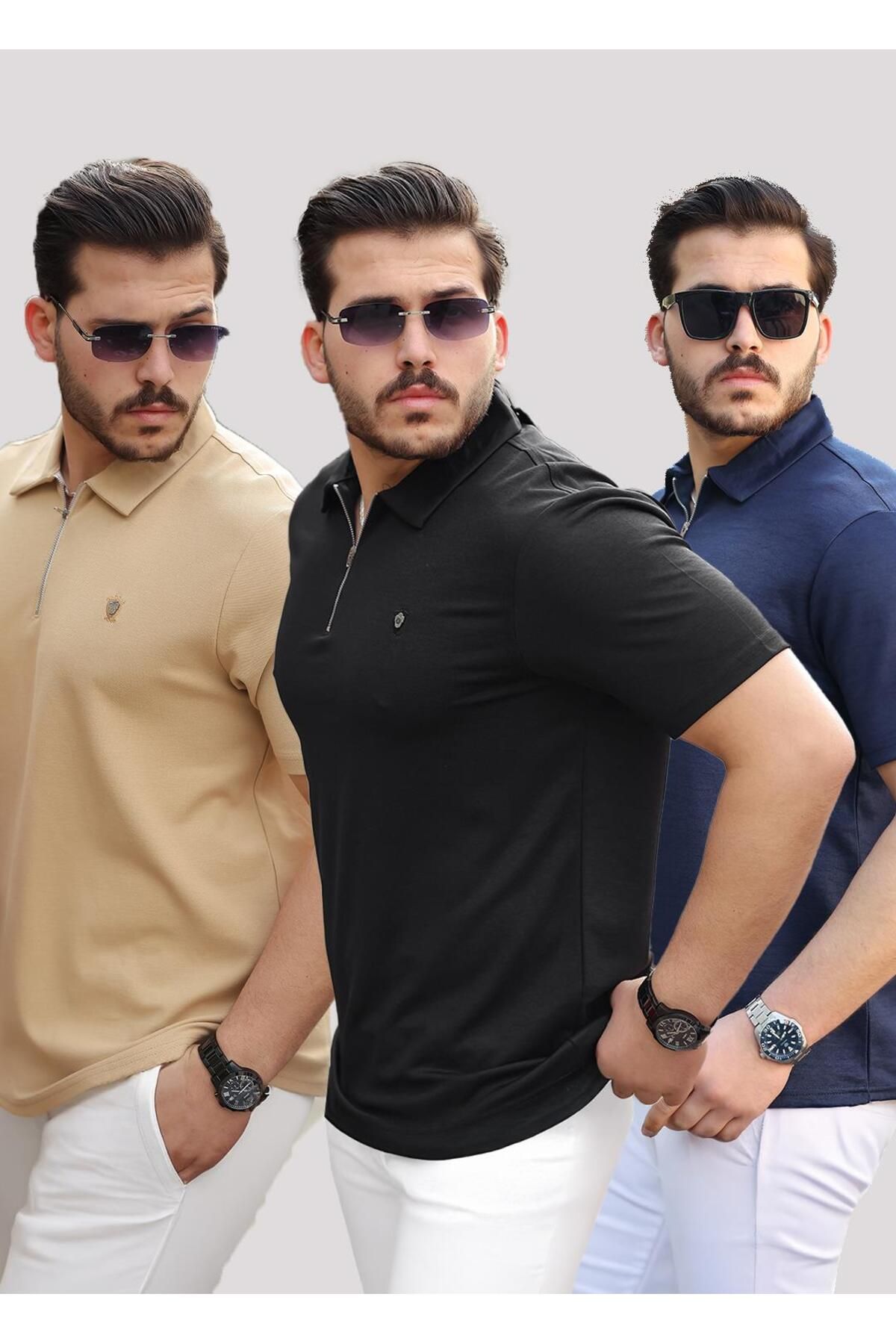 Miron Bej Siyah Lacivert Basic Fermuar Detaylı Üçlü Paket Polo Yaka Kısa Kollu Tişört 2516