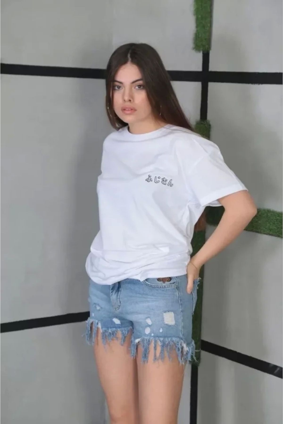 nedo7 Unisex Bisiklet Yaka Baskılı Oversize T-Shirt- Beyaz