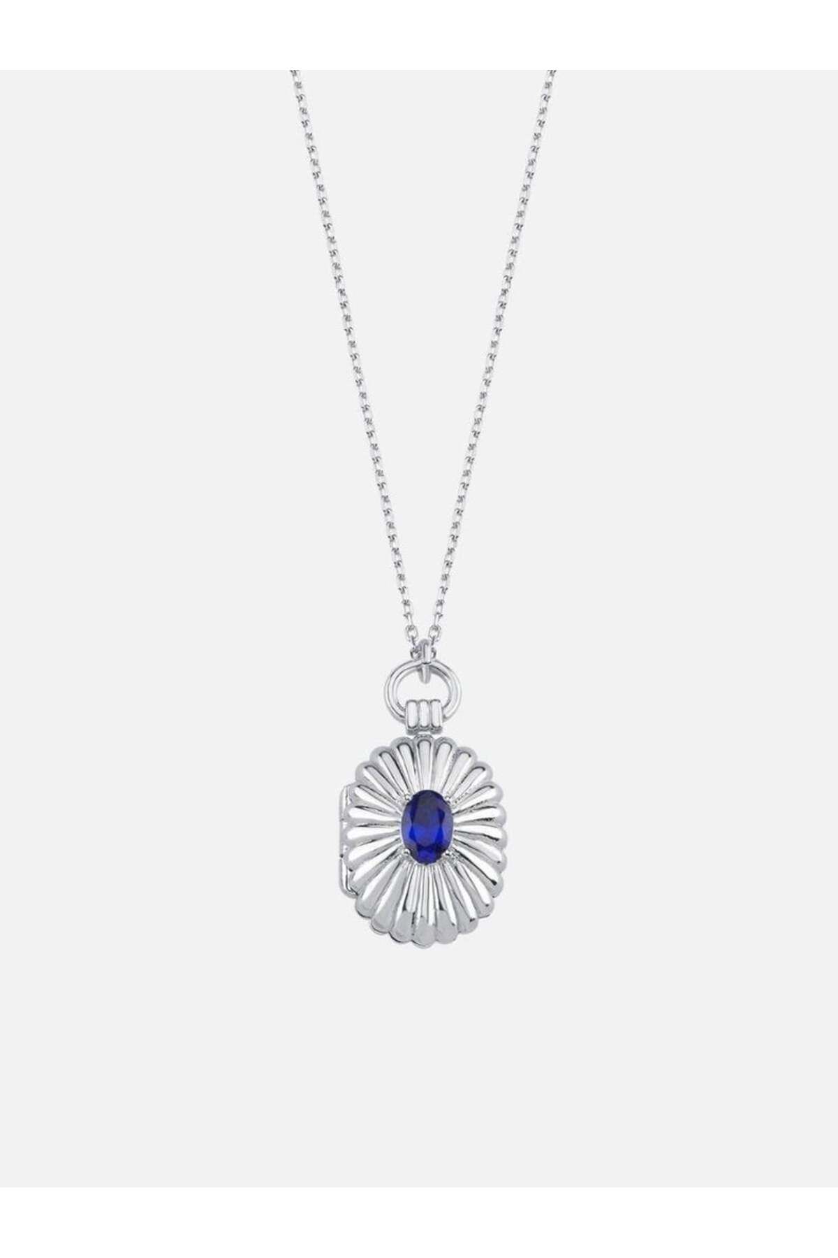 LİNYA JEWELLERY Mini Lacivert Taşlı Kapaklı Madalyon Kolye Gümüş