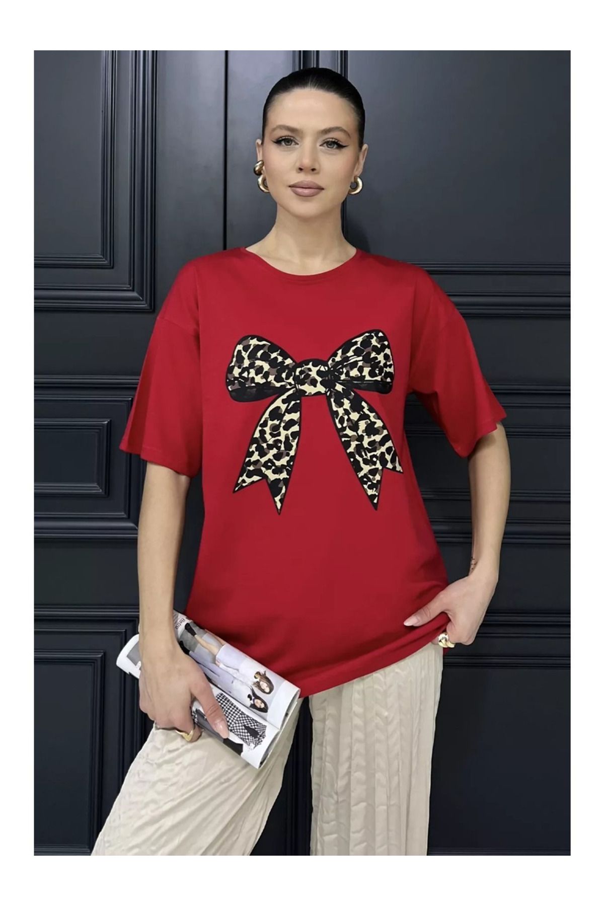 Cebel Hira Moda kadın leopar kurdele baskılı oversize T-Shirt