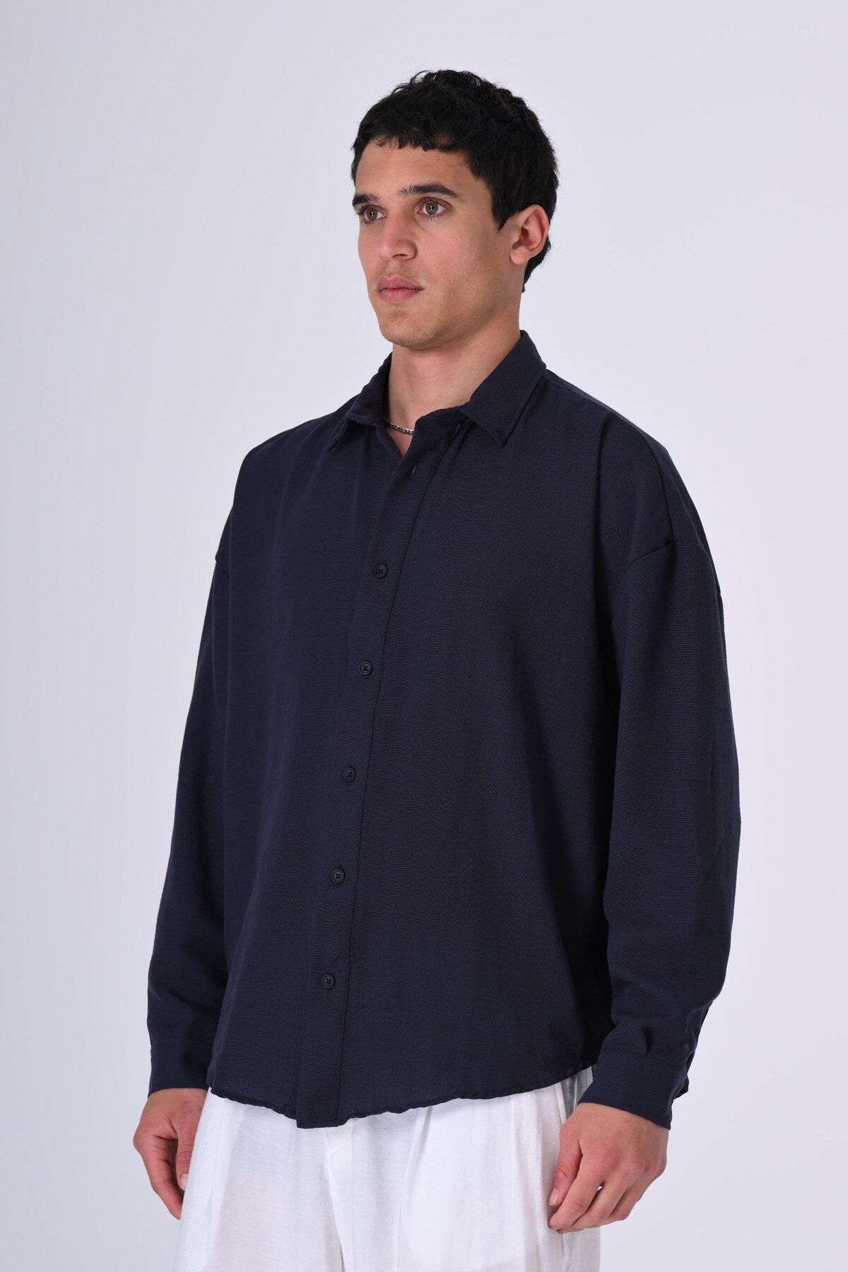 AllWearStyle Lacivert Renk Ayaklı Yaka Uzun Kol Oversize Keten Gömlek