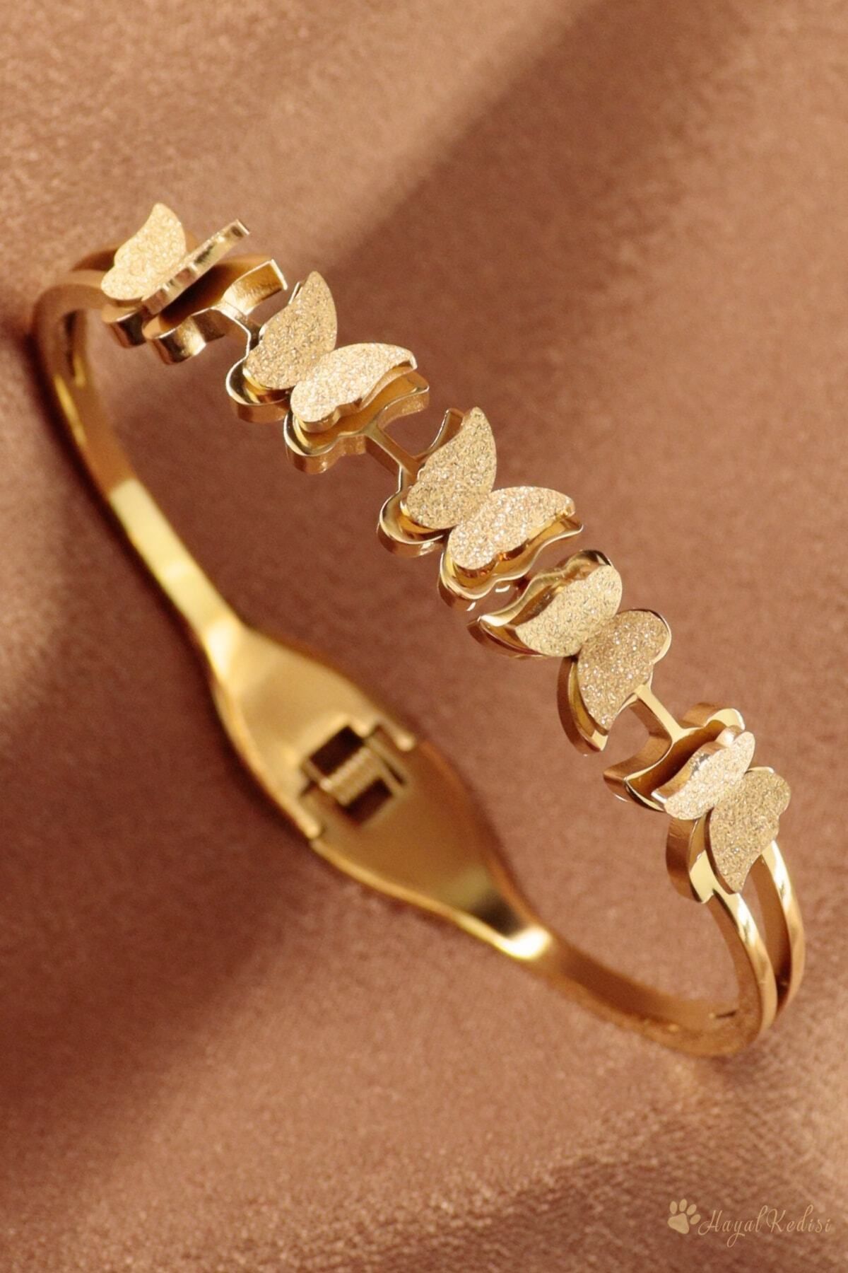 GUNESTAKI Simli Kelebekli Çelik Kelepçe - Kumlu Kelebek Model 316l Gold Zarif Çelik Kelepçe Yeni Sezon