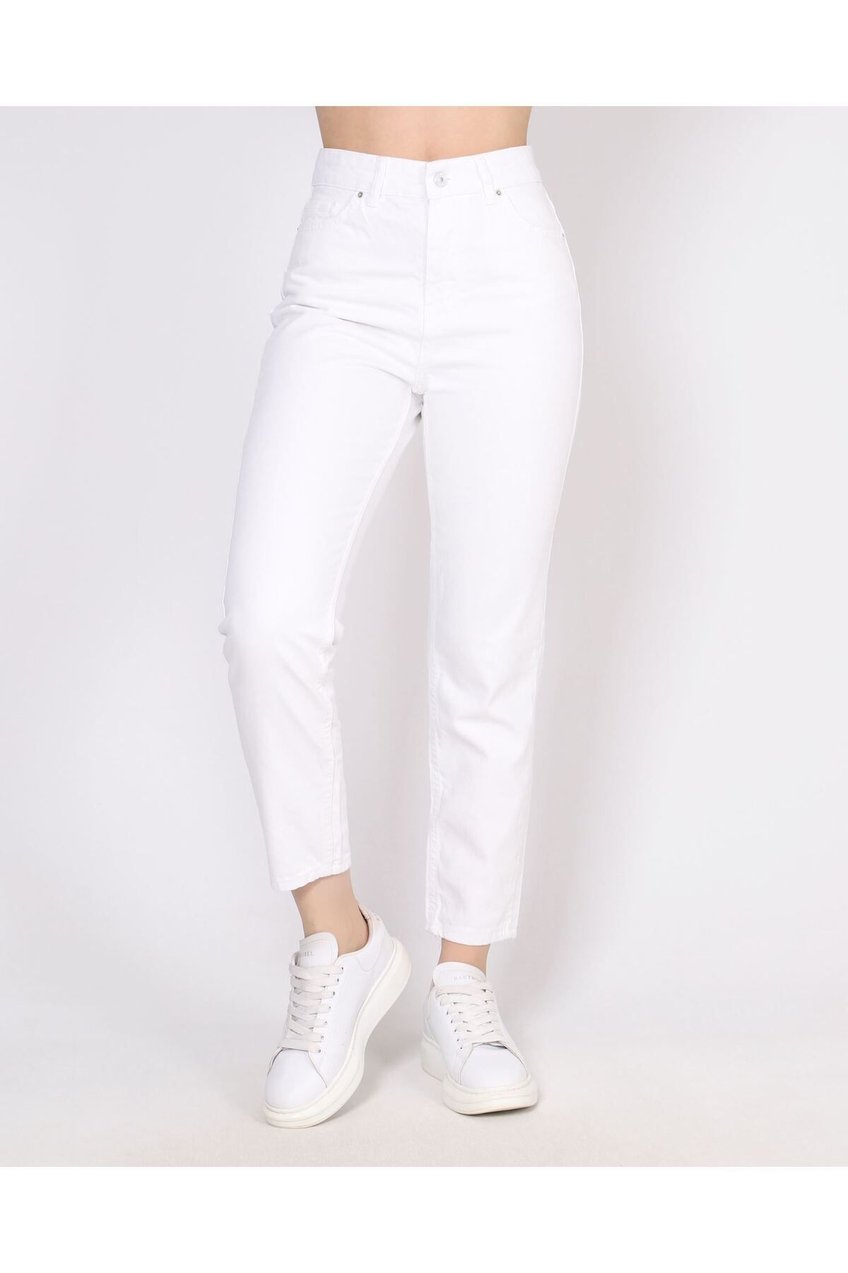 Bigowl Kadın Beyaz Mom Jean Beyaz Yüksek Bel Mom Fit Jean Pantolon
