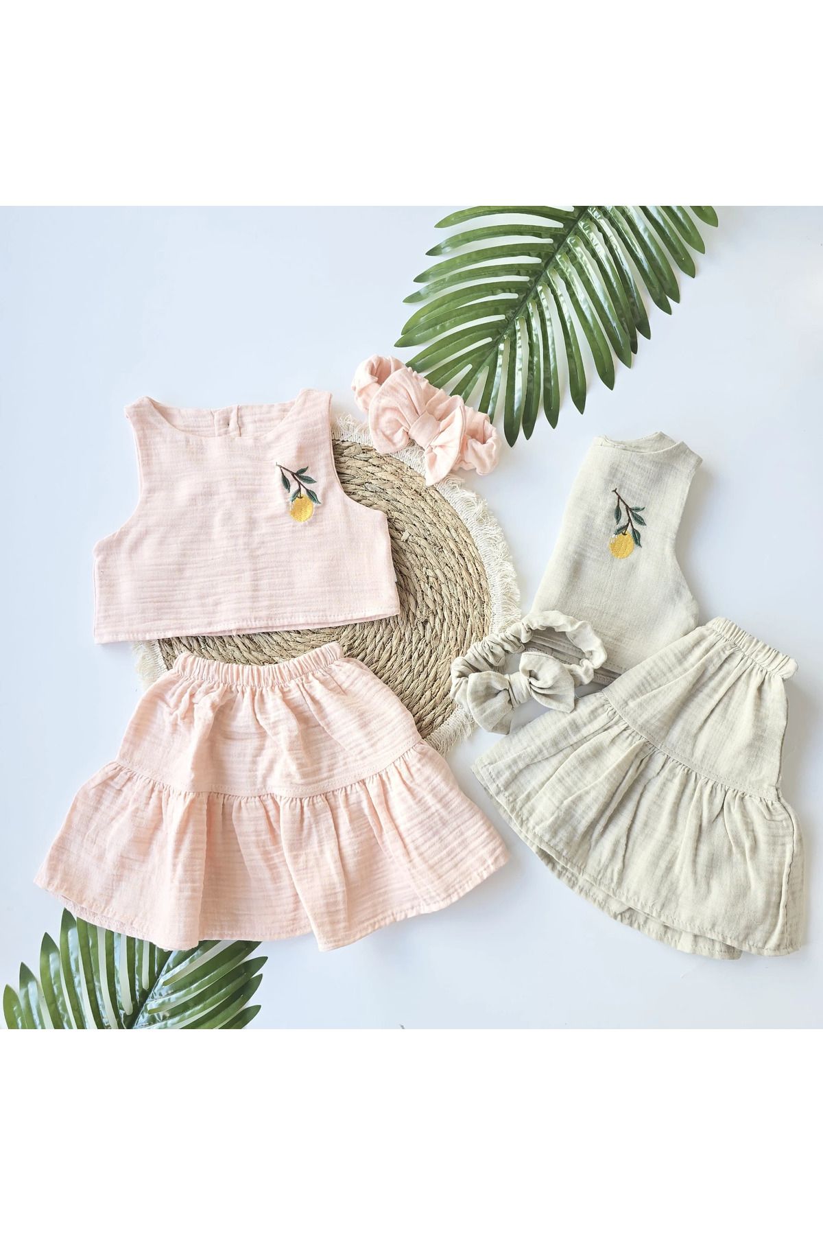 BEBEYOGİ Çocuk Takım Müslin Kumaş Etekli Bandana Hediyeli 2-5 Yaş