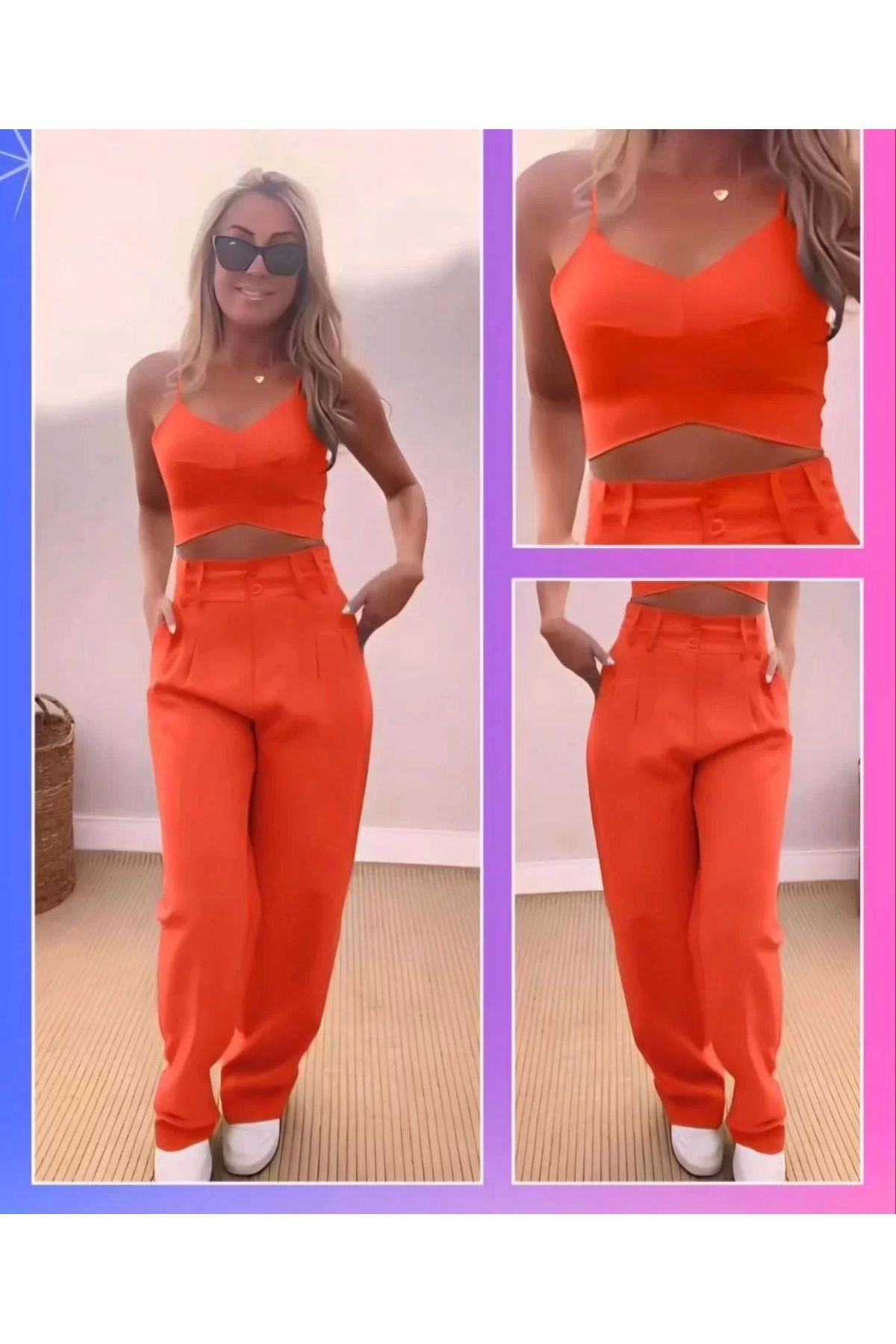 MODA Kadın Askı Detaylı Crop ve Pantolon Takım - Turuncu