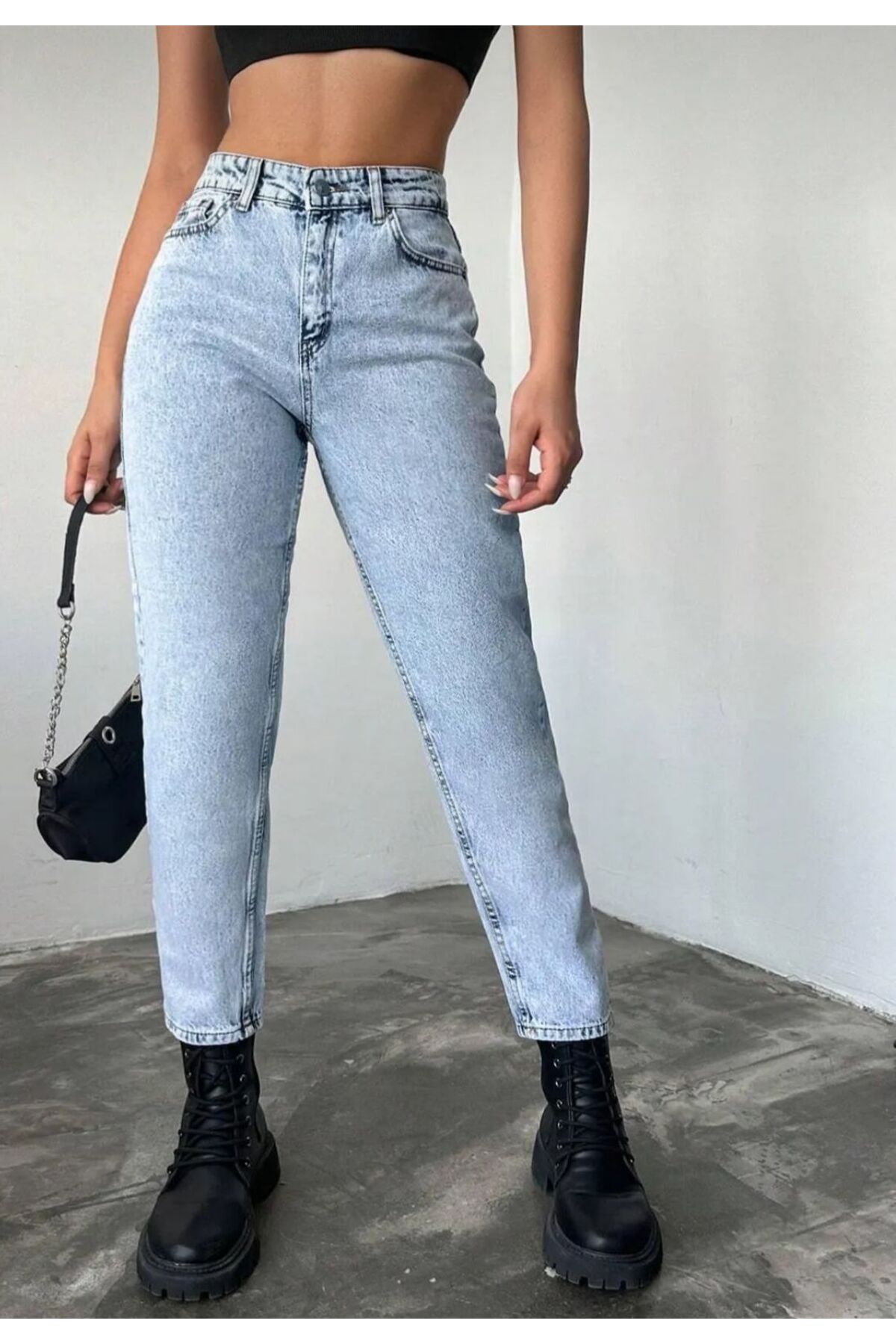 CİHAN PAPEL Kar Mavi Mom Jean Kadın Boyfriend Yüksek Bel Likralı Kot Pantolon